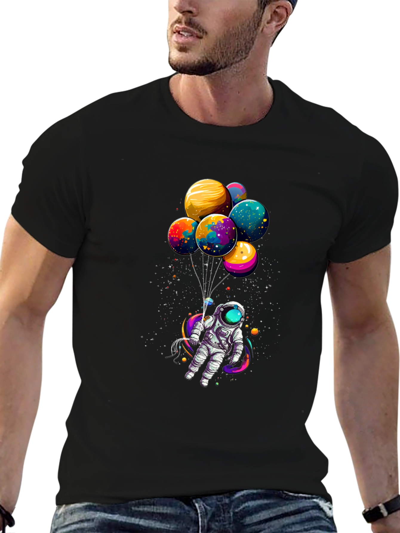 Astronaut with Planet Balloons Graphic Tee - Black