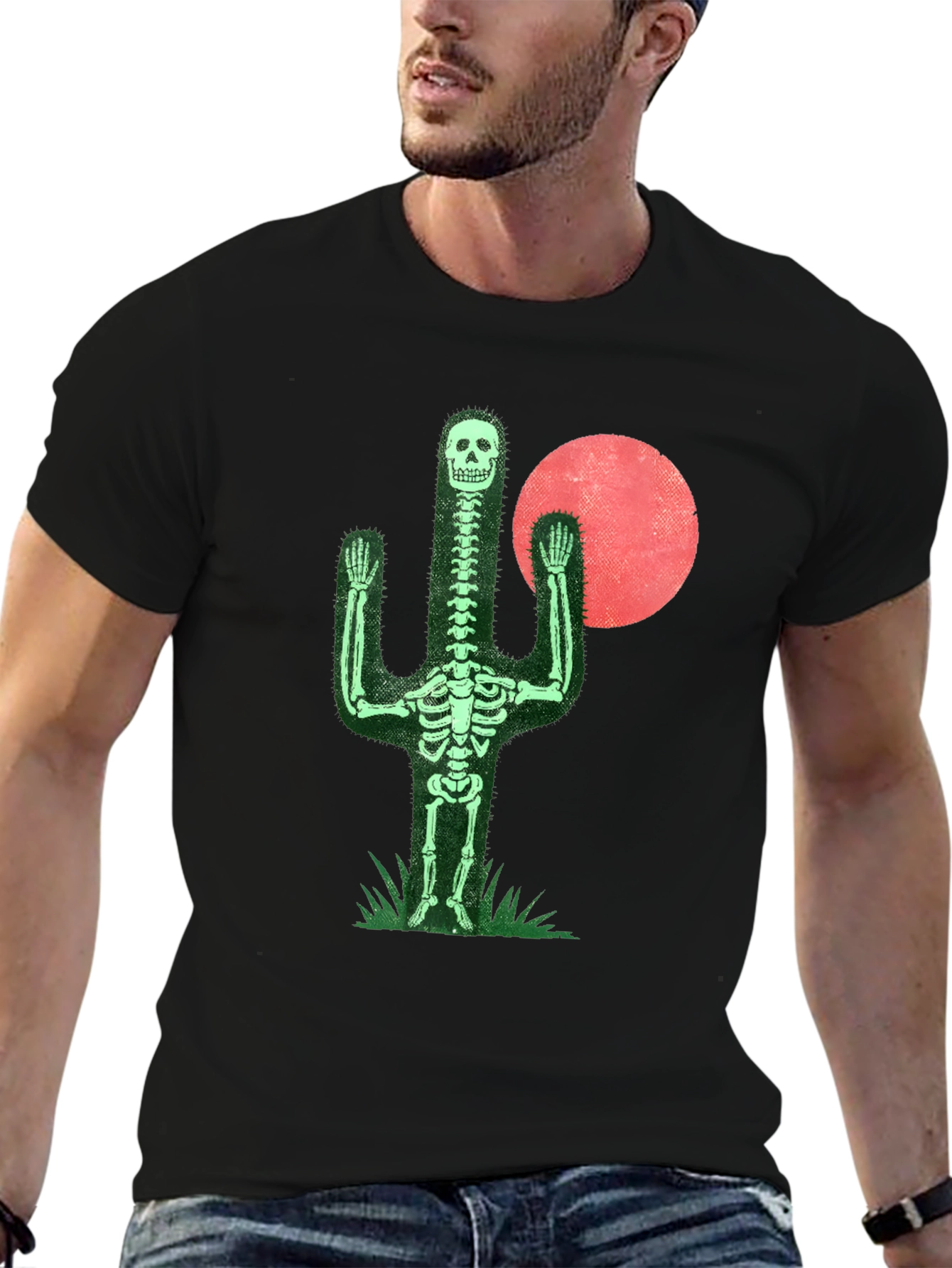 Skeleton Cactus Graphic Tee - Novelty Print Shirt