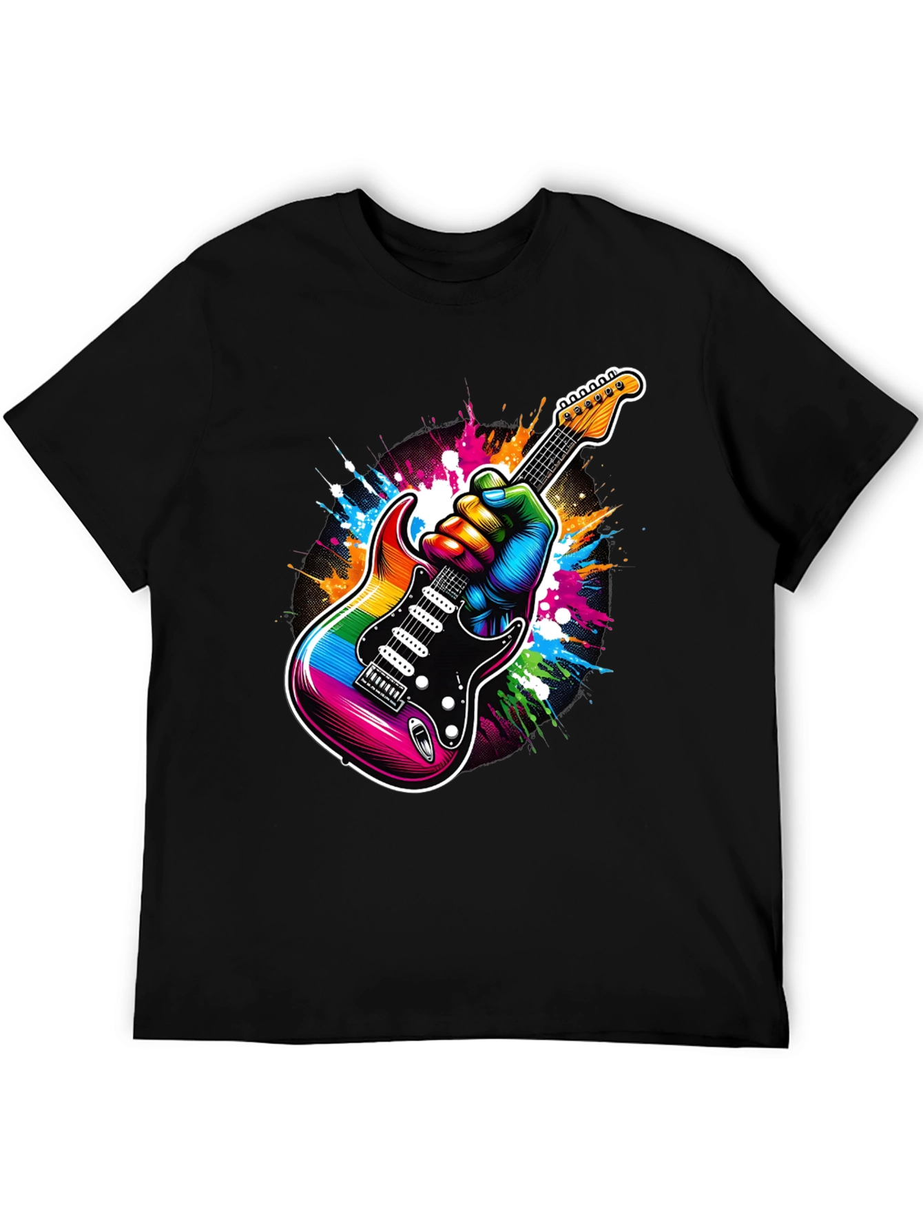 Rainbow Guitar Graphic Tee - Black Cotton T-Shirt