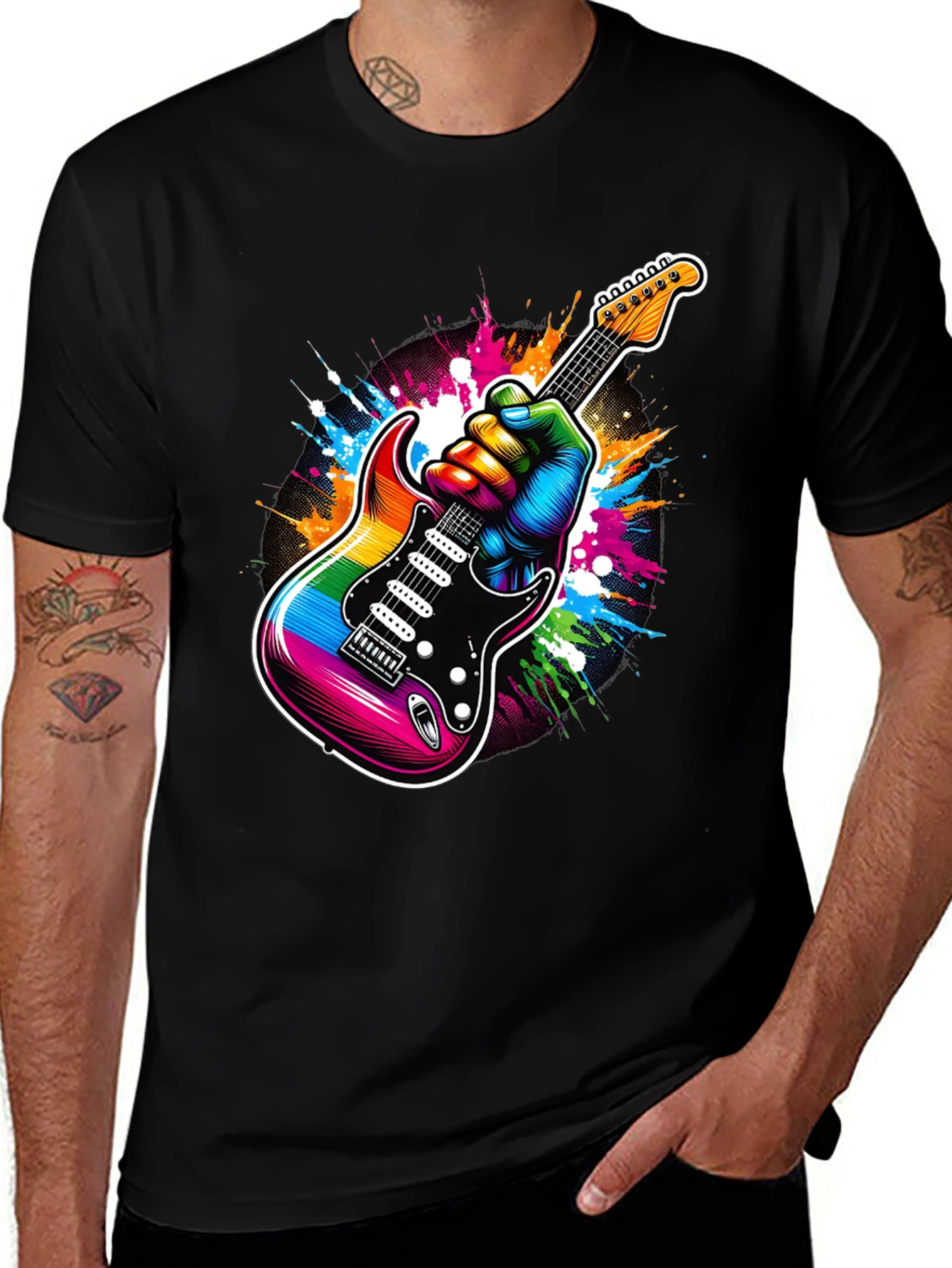Rainbow Guitar Graphic Tee - Black Cotton T-Shirt