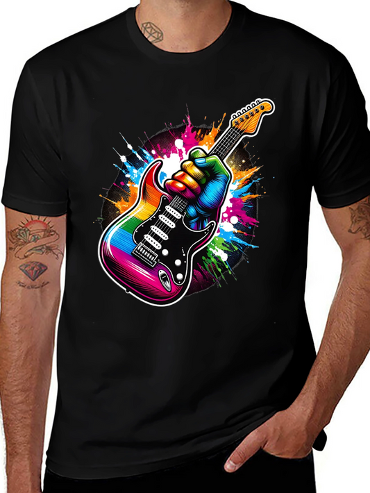 Rainbow Guitar Graphic Tee - Black Cotton T-Shirt