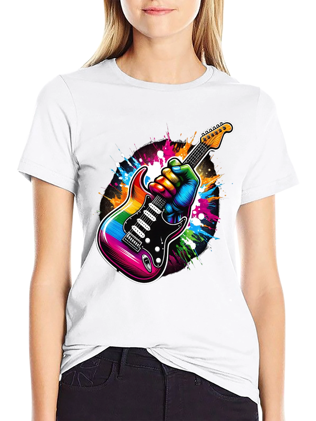 Rainbow Guitar Graphic Tee - Black Cotton T-Shirt
