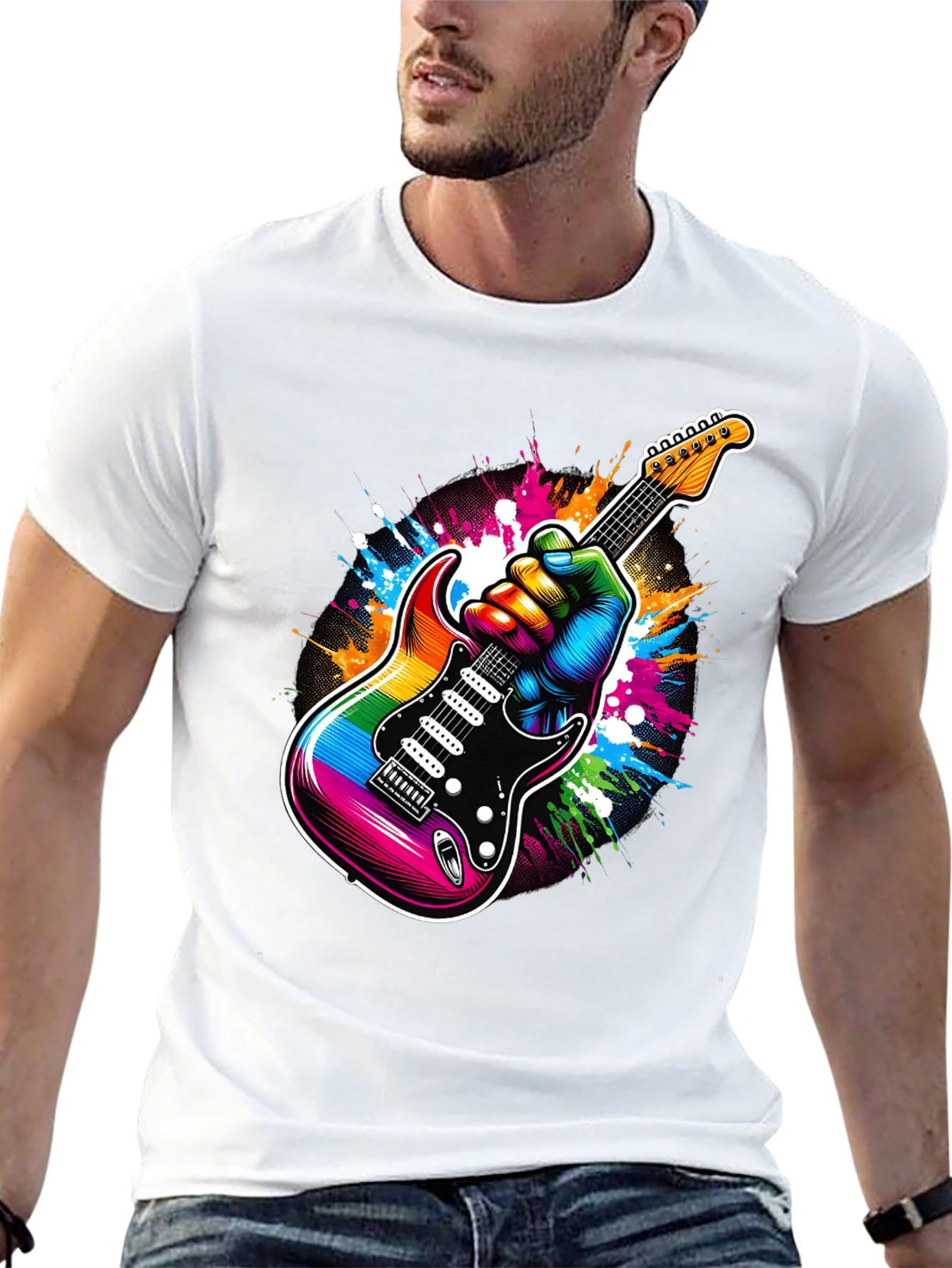 Rainbow Guitar Graphic Tee - Black Cotton T-Shirt