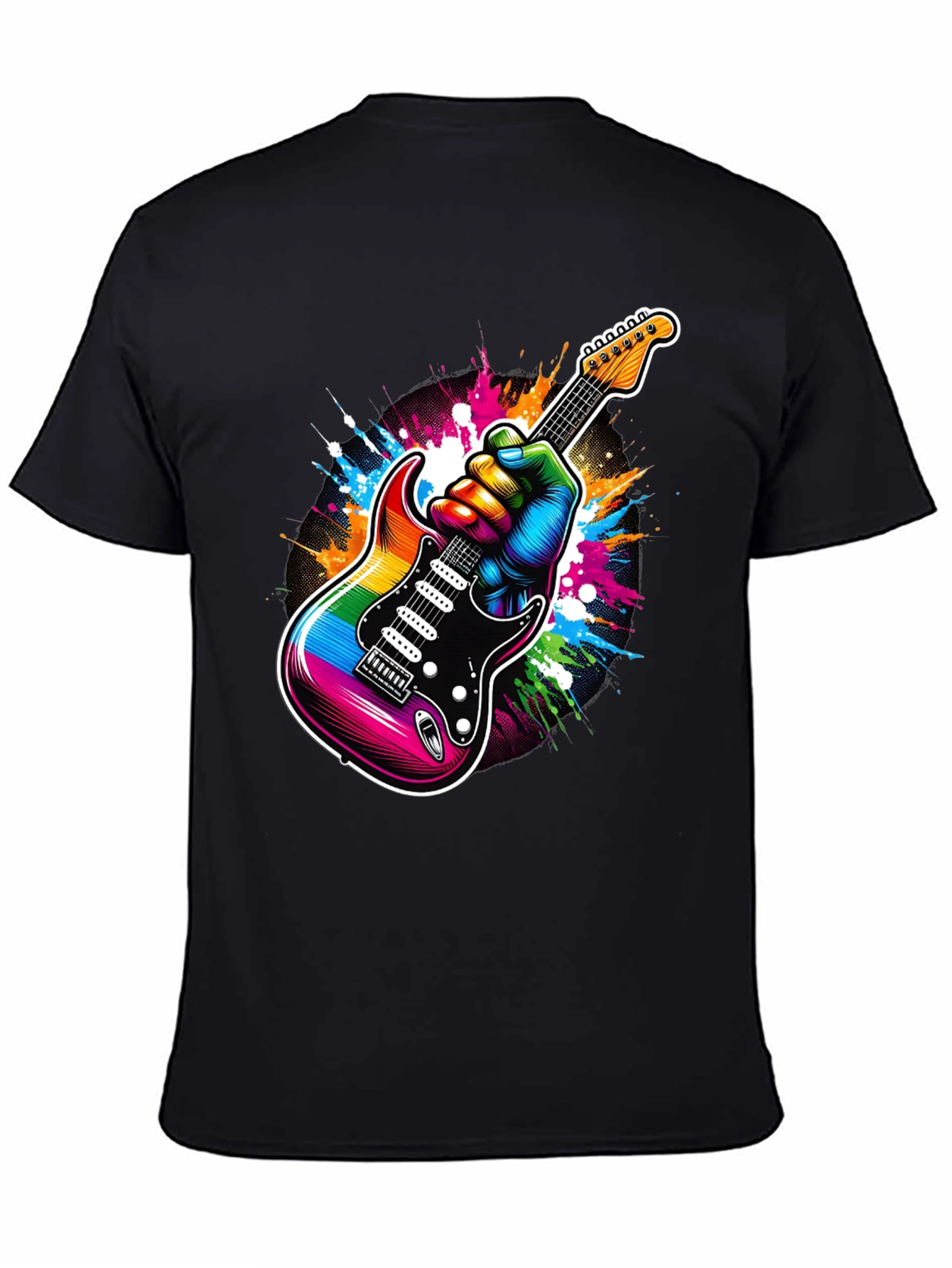 Rainbow Guitar Graphic Tee - Black Cotton T-Shirt