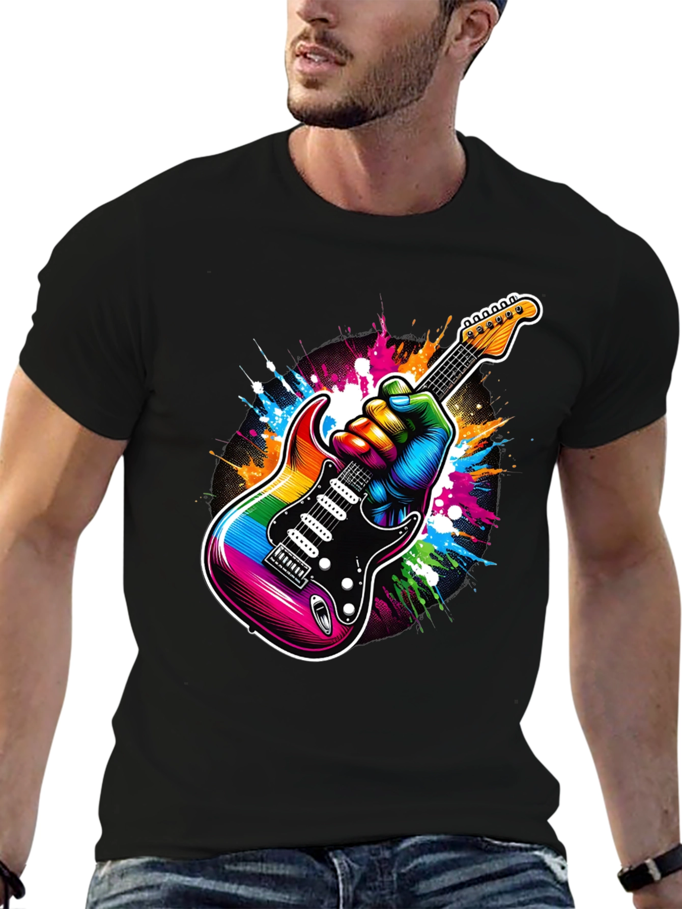 Rainbow Guitar Graphic Tee - Black Cotton T-Shirt