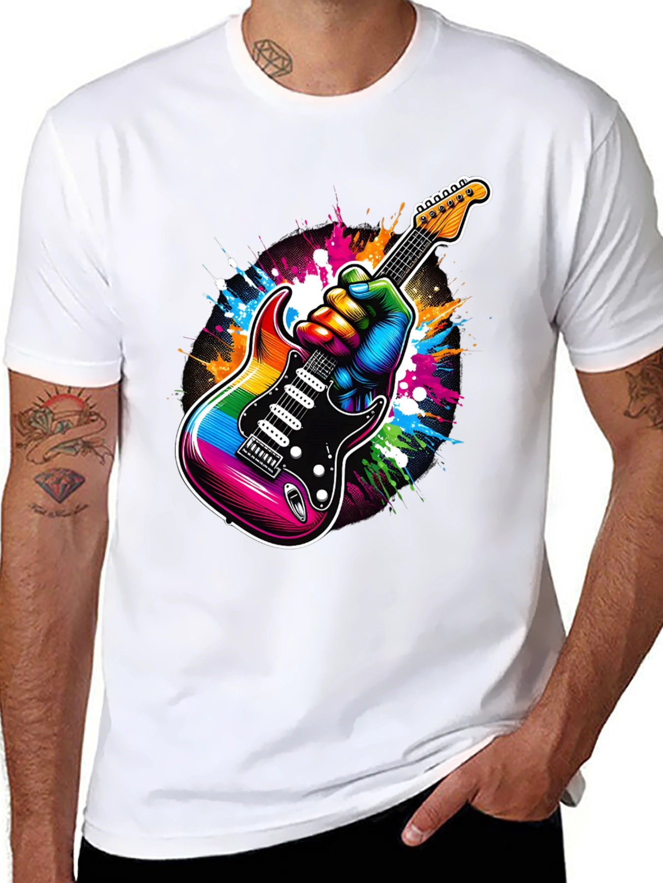 Rainbow Guitar Graphic Tee - Black Cotton T-Shirt