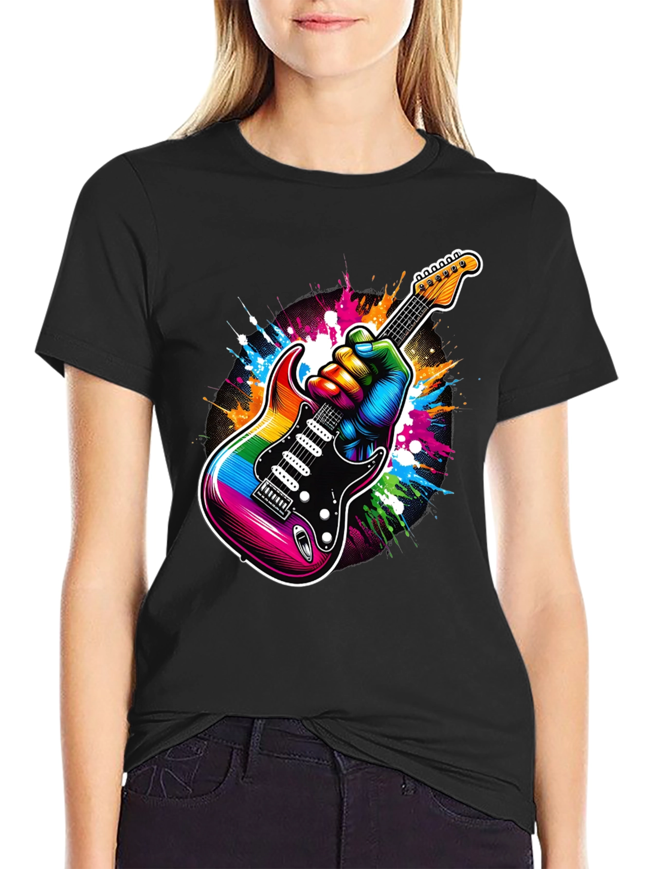 Rainbow Guitar Graphic Tee - Black Cotton T-Shirt