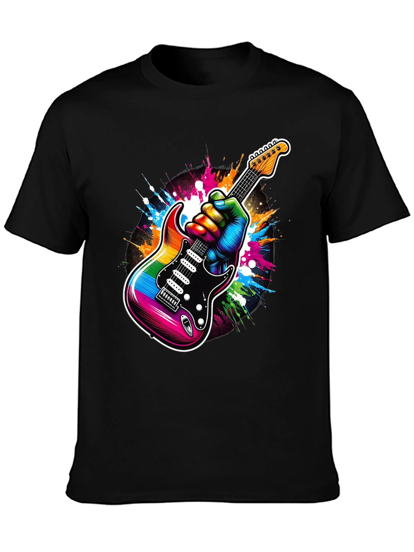 Rainbow Guitar Graphic Tee - Black Cotton T-Shirt
