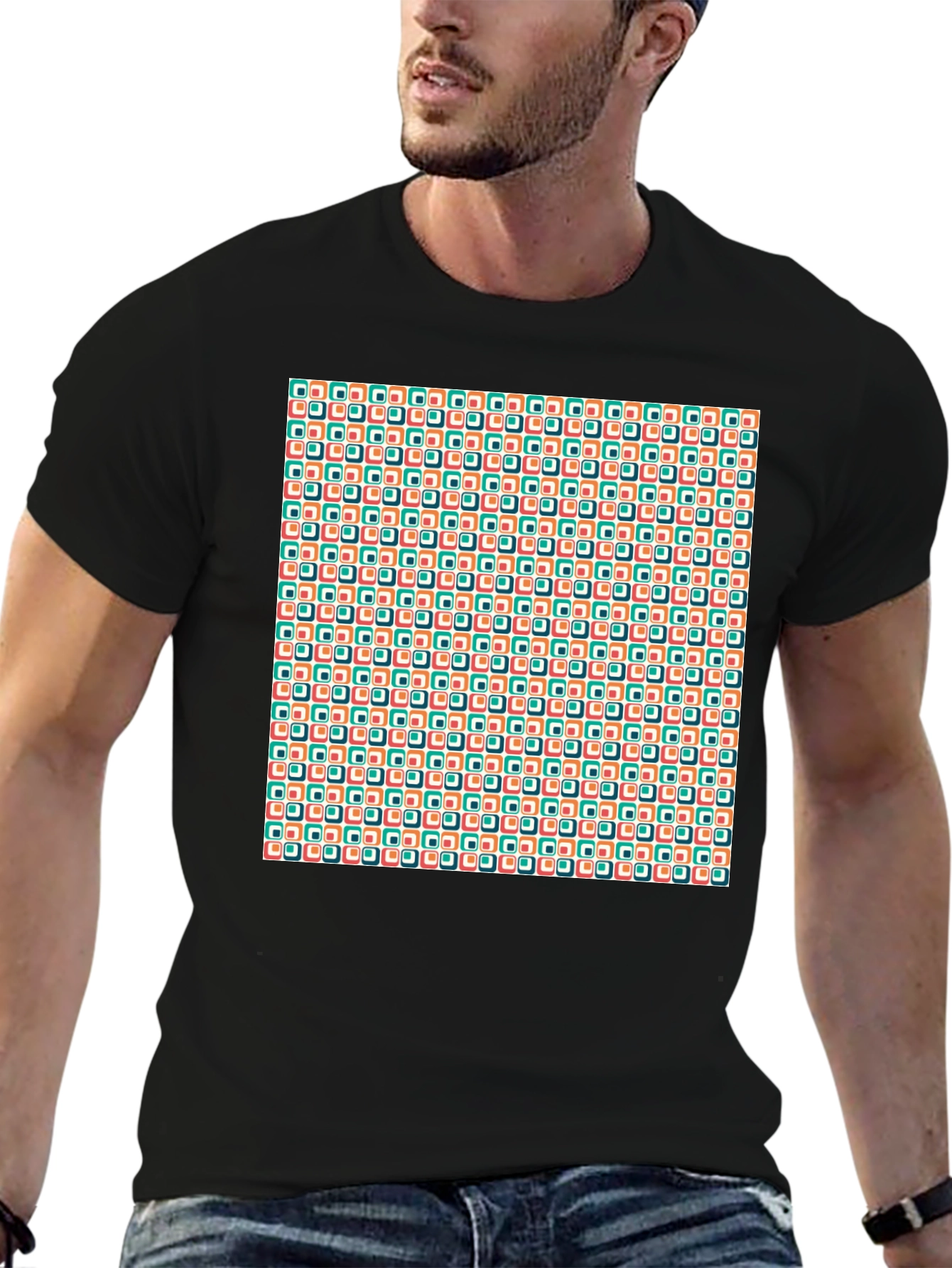 Retro Geometric Pattern Black T-Shirt