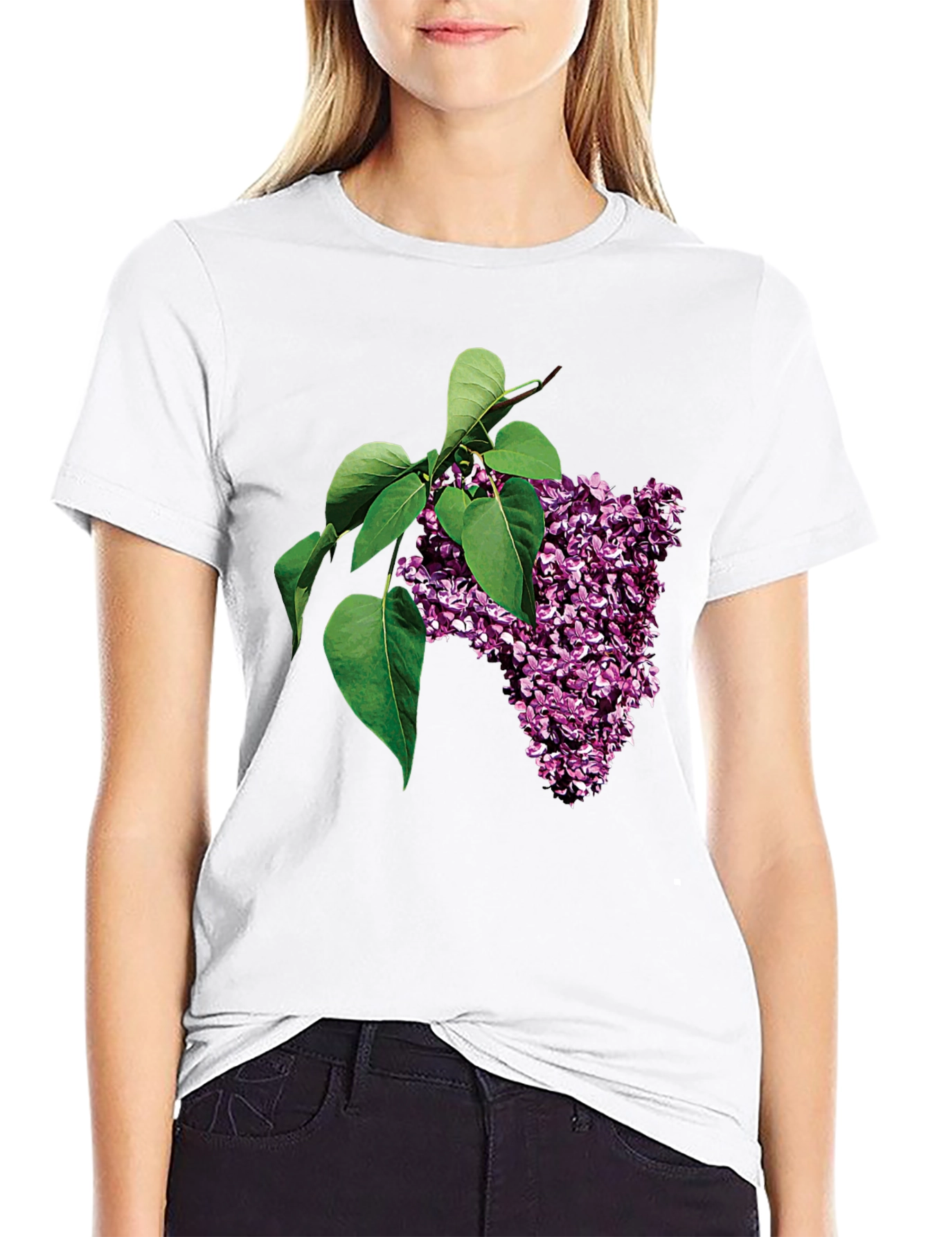 Lilac Blossom Graphic Tee - Black Cotton Casual Wear
