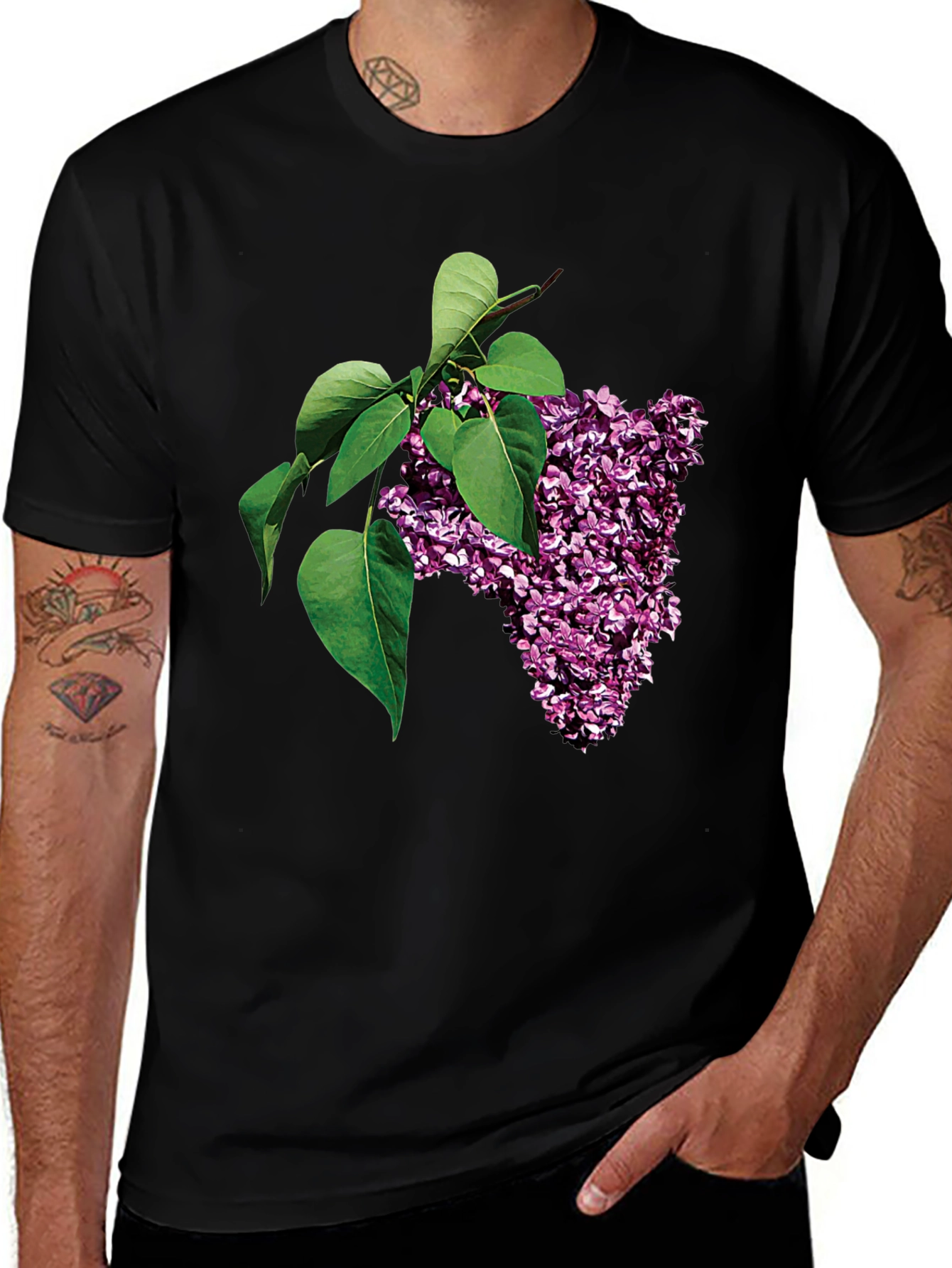 Lilac Blossom Graphic Tee - Black Cotton Casual Wear
