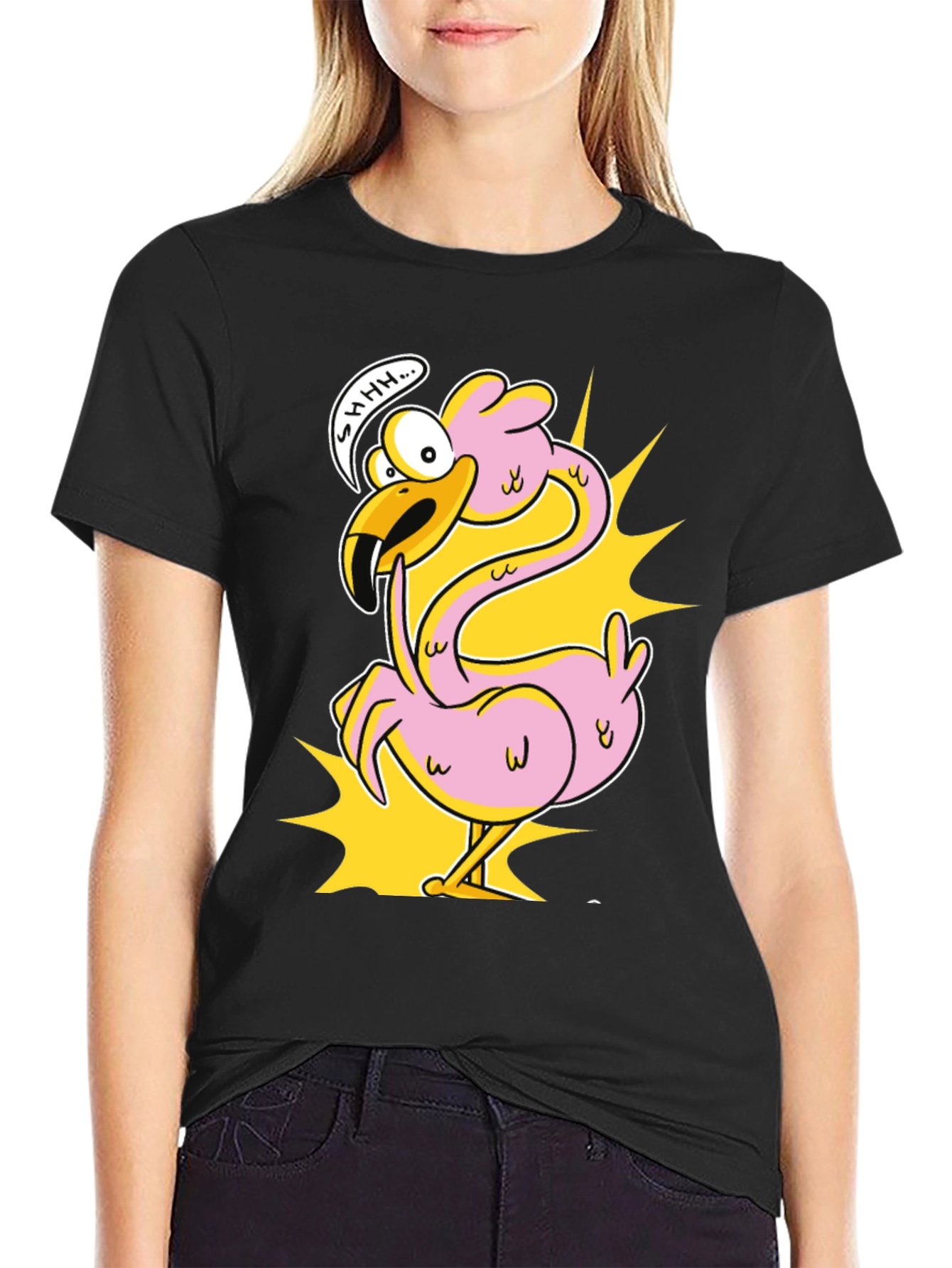 Shhh! Flamingo Cartoon Graphic T-Shirt