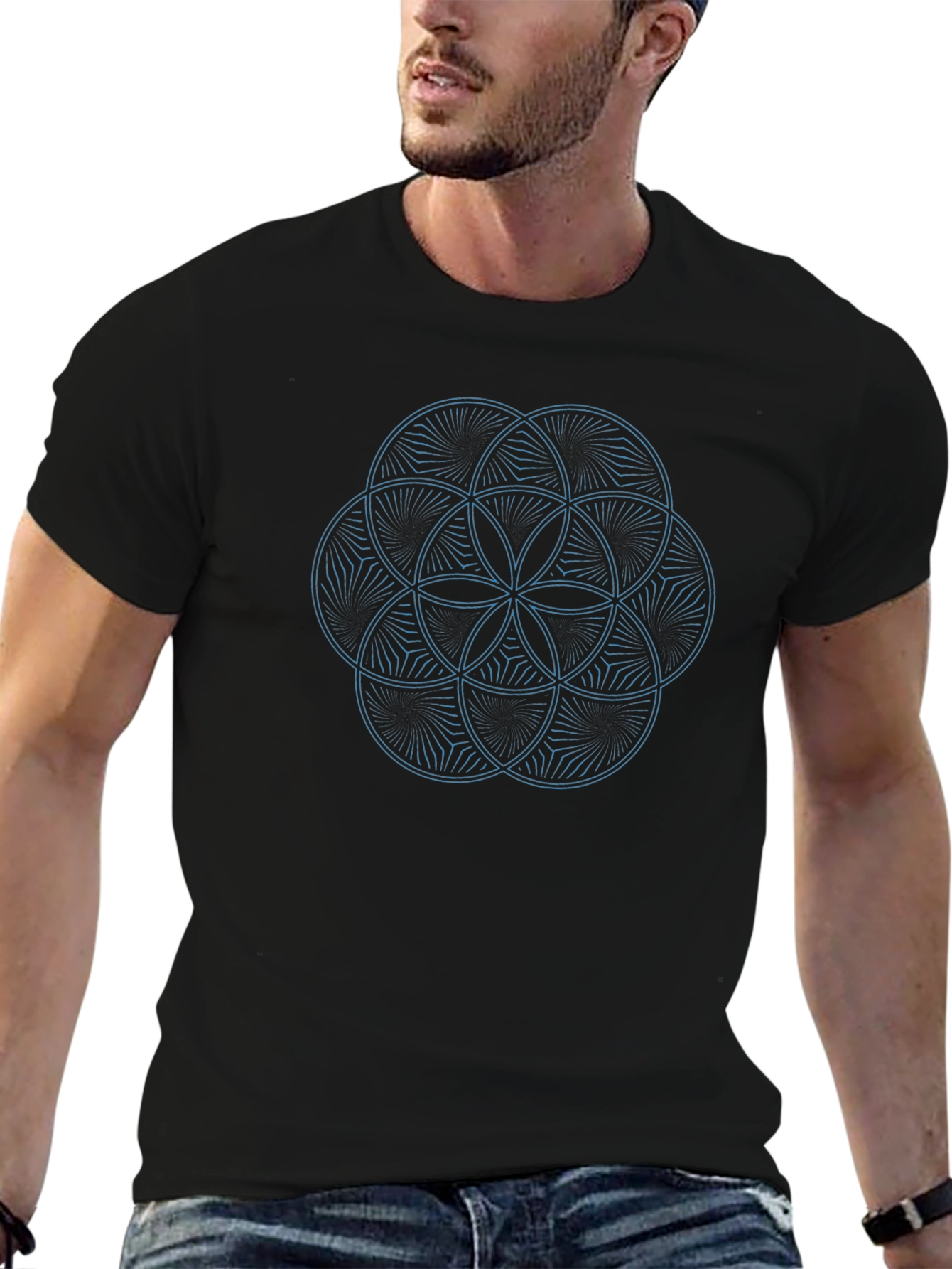 Geometric Flower of Life Graphic Tee - Black
