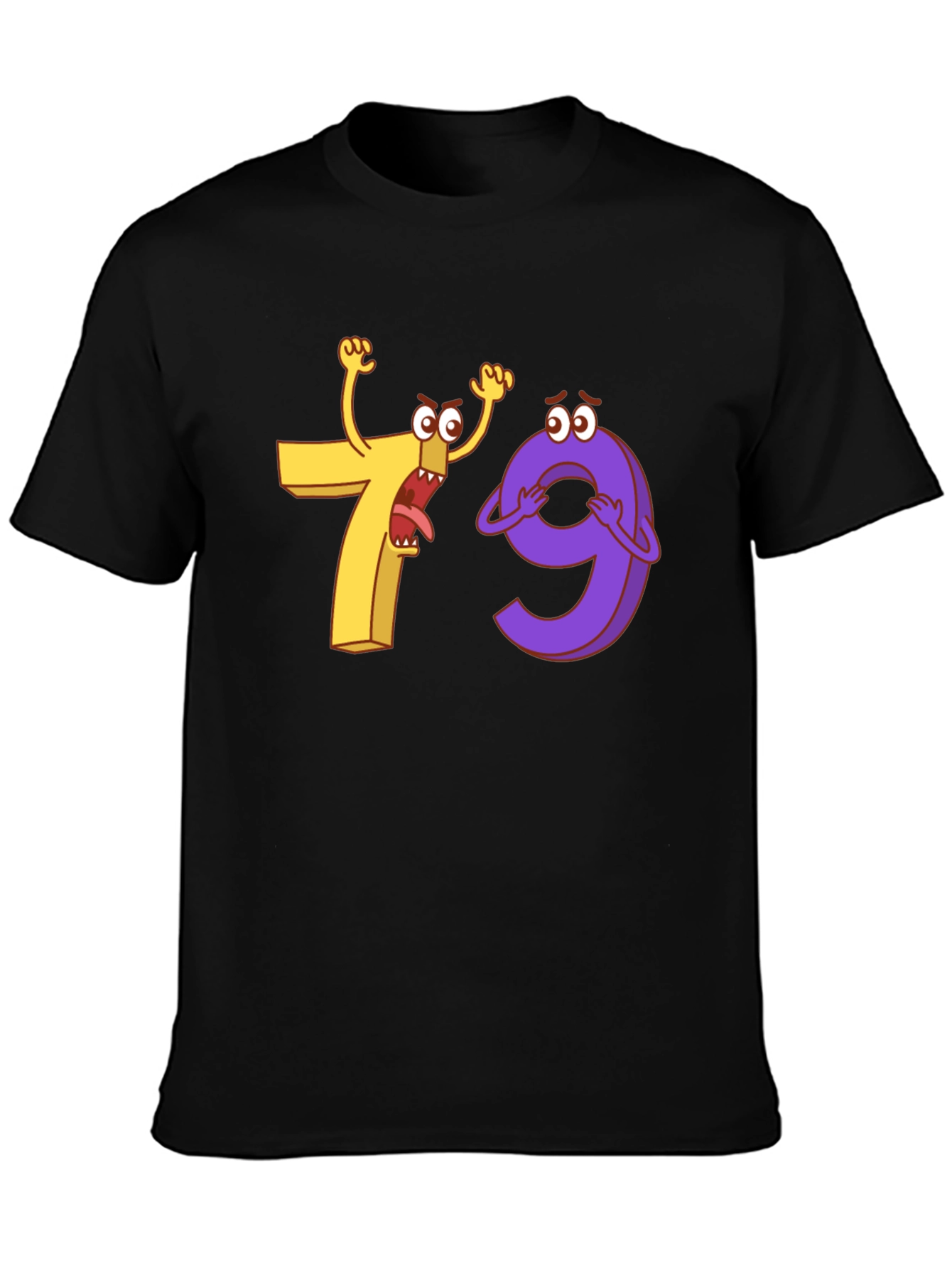 Funny Cartoon Number 7 and 9 Black T-Shirt