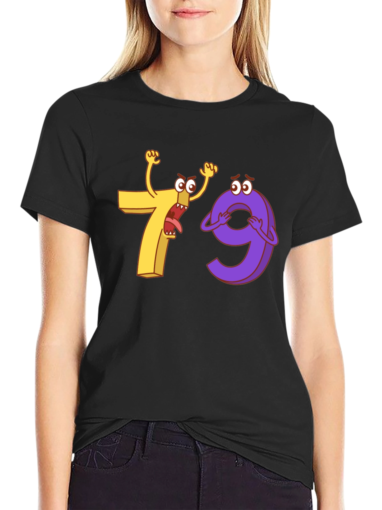 Funny Cartoon Number 7 and 9 Black T-Shirt