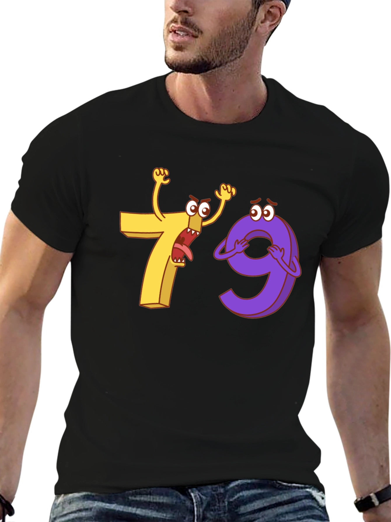 Funny Cartoon Number 7 and 9 Black T-Shirt
