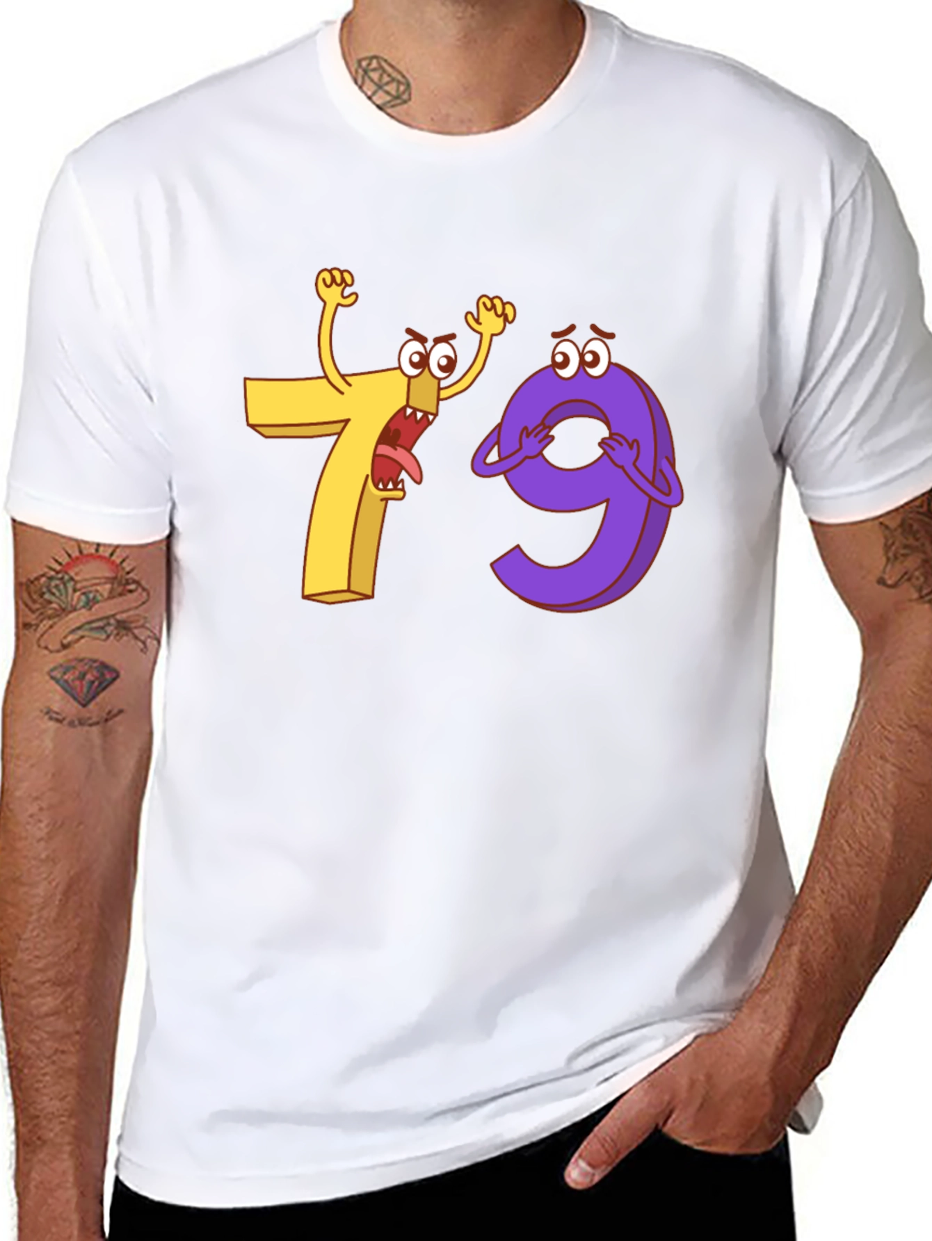 Funny Cartoon Number 7 and 9 Black T-Shirt