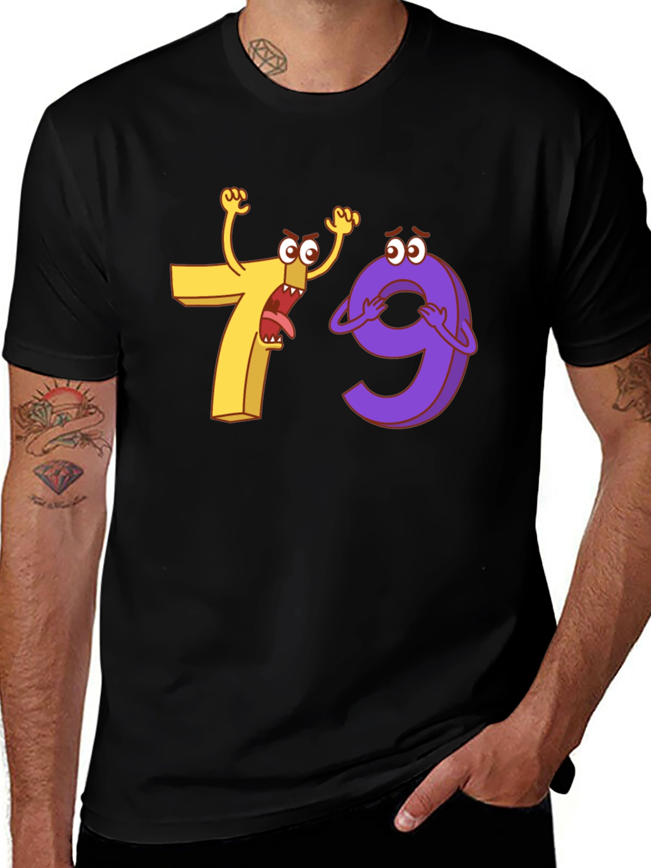 Funny Cartoon Number 7 and 9 Black T-Shirt