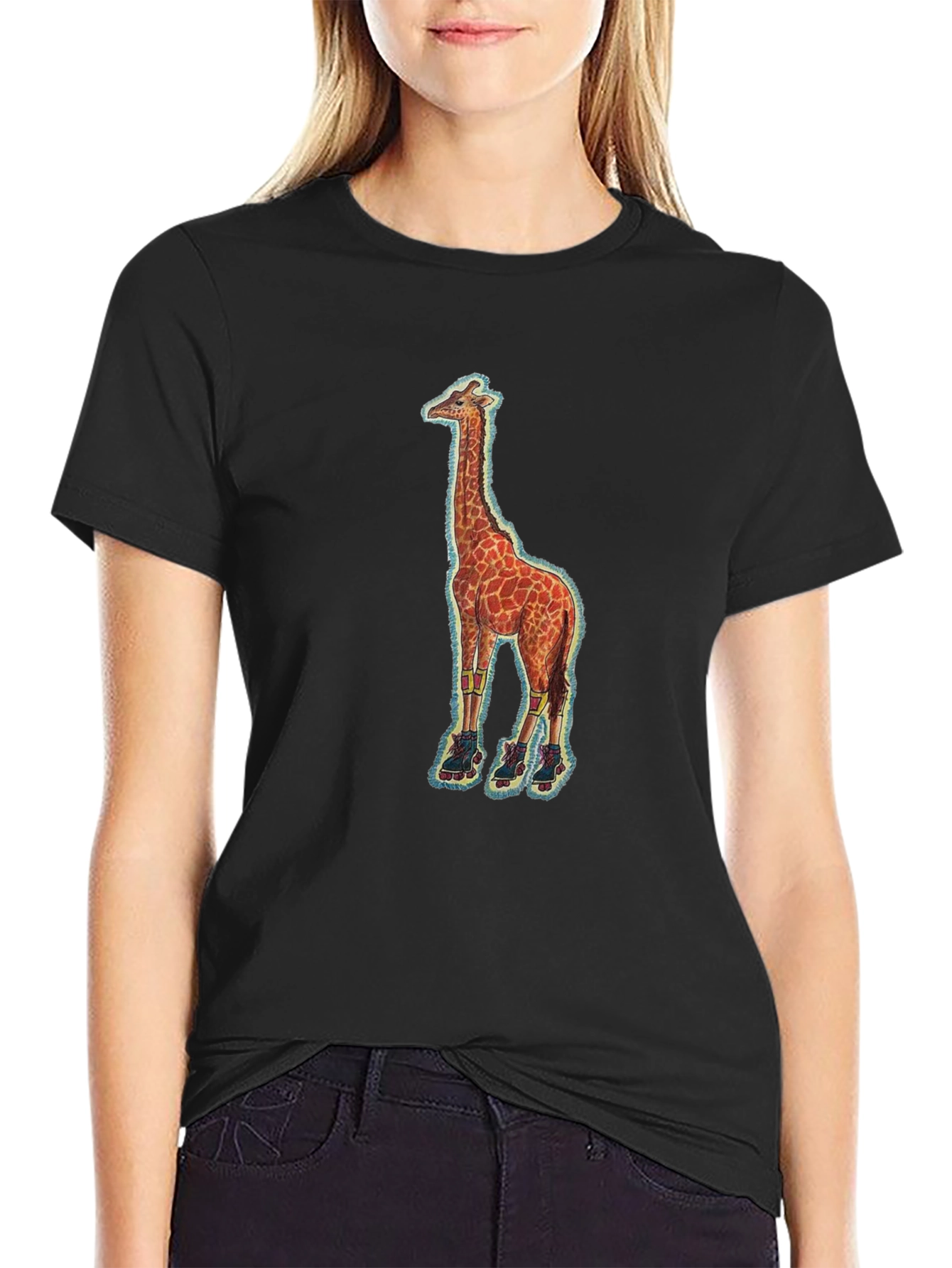 Giraffe on Skates Black T-Shirt