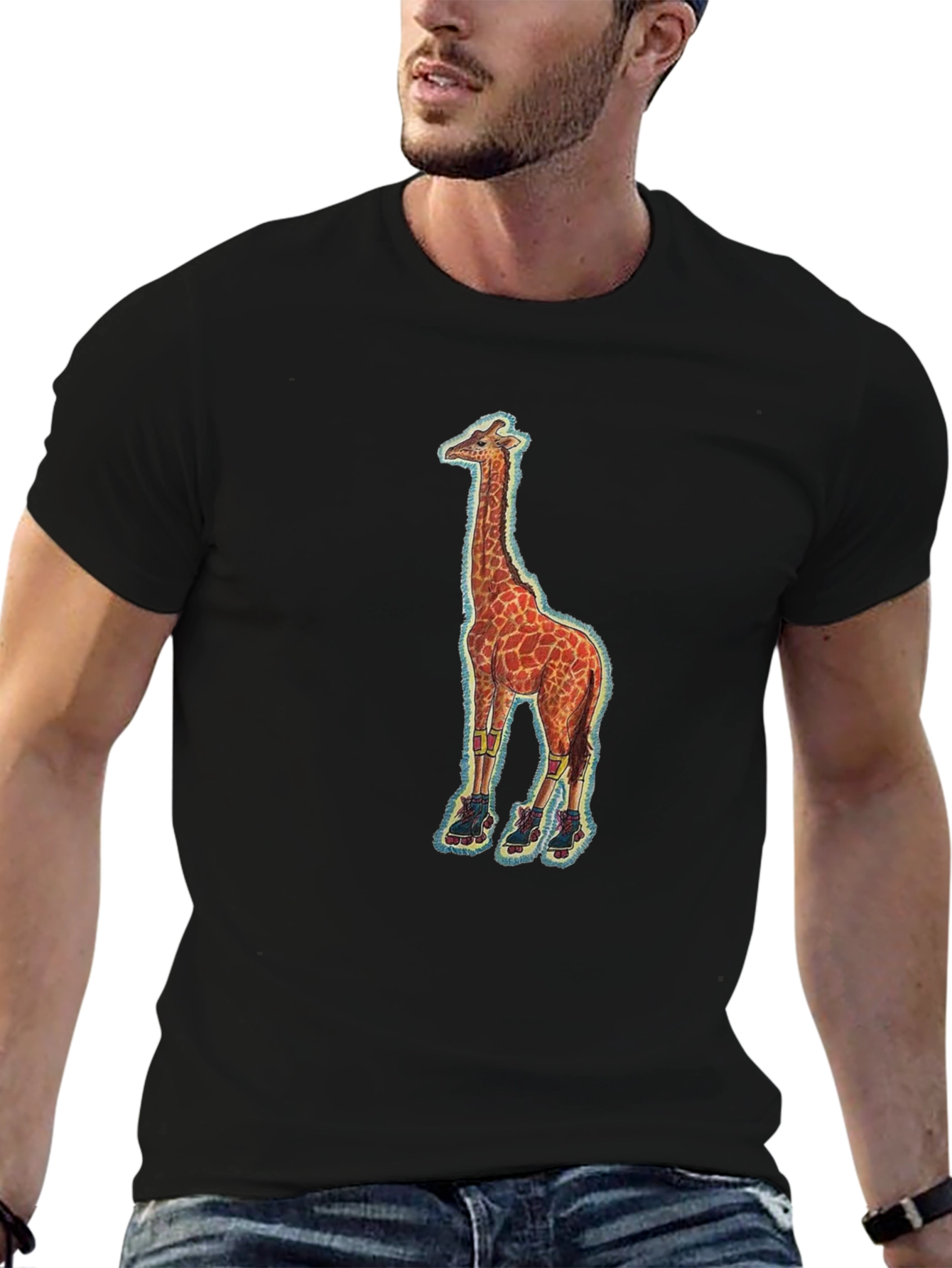 Giraffe on Skates Black T-Shirt