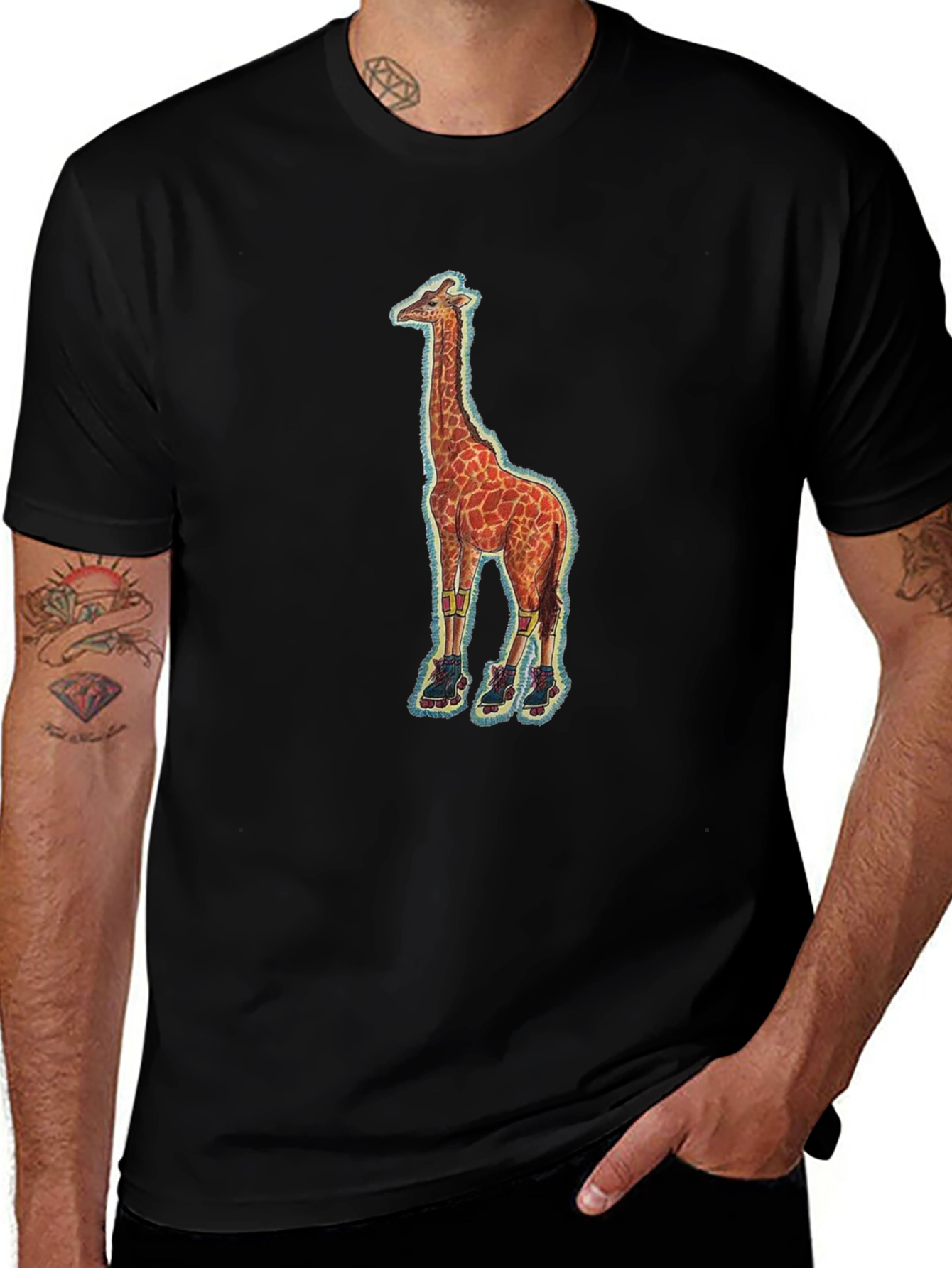 Giraffe on Skates Black T-Shirt
