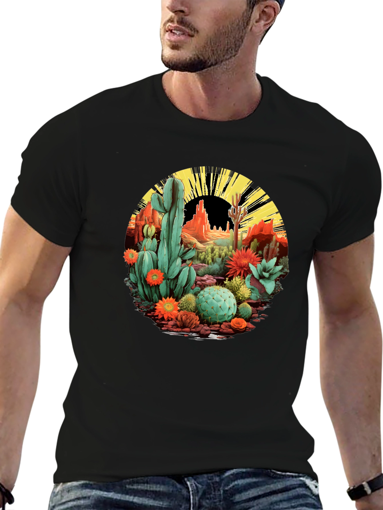 Desert Cactus Graphic T-Shirt - Black Cotton Tee