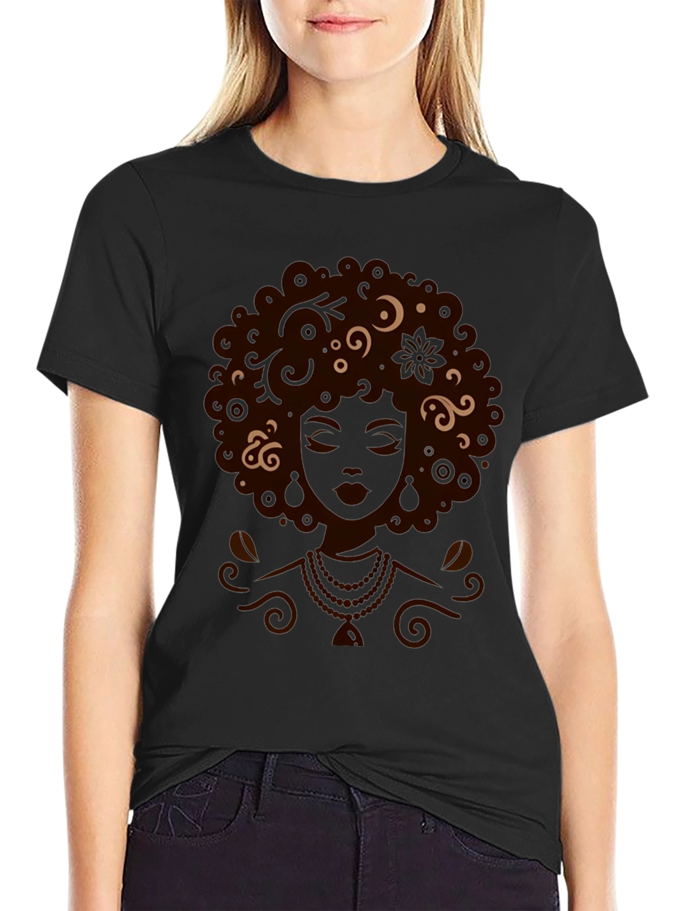 Black Graphic Tee - Afro Woman Art