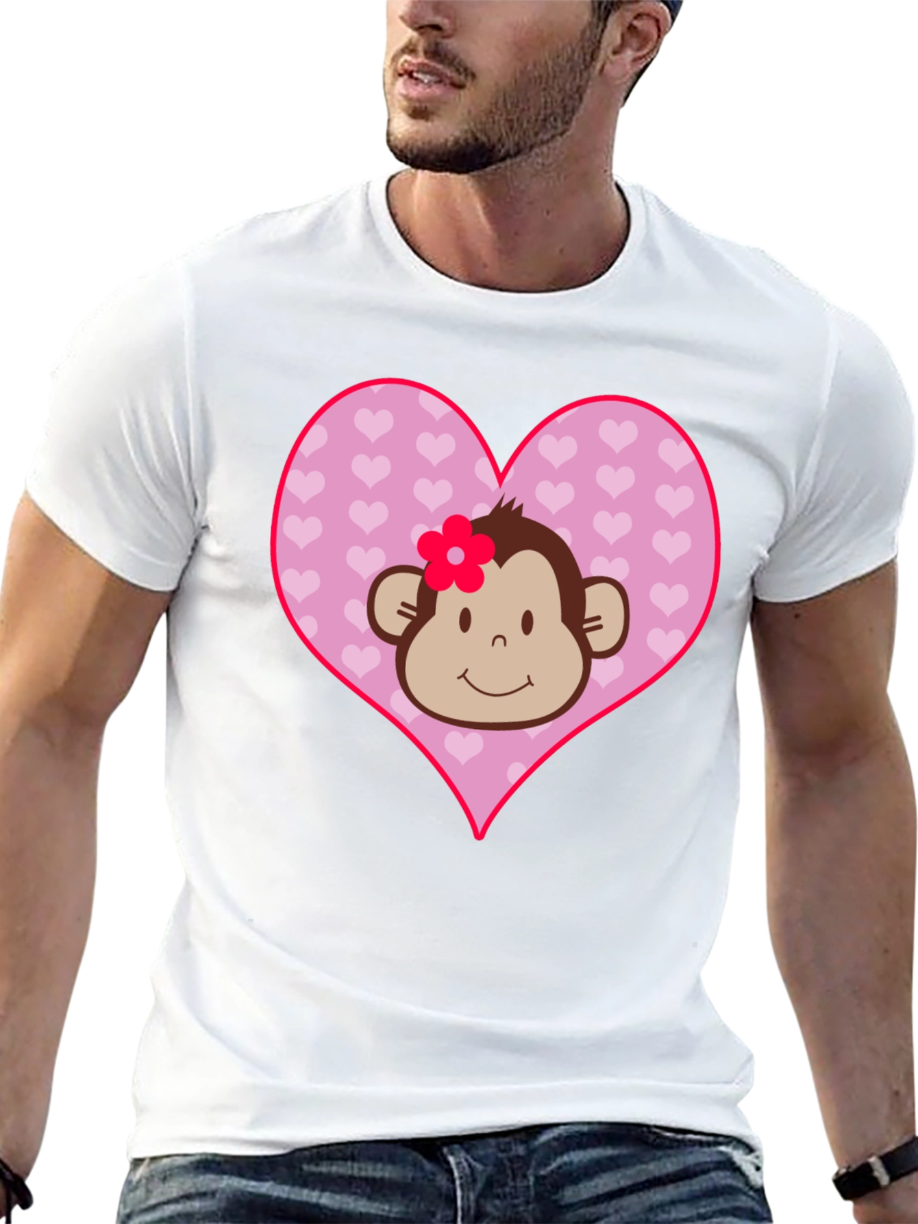 Cute Monkey Heart Graphic Tee - Black Cotton Shirt