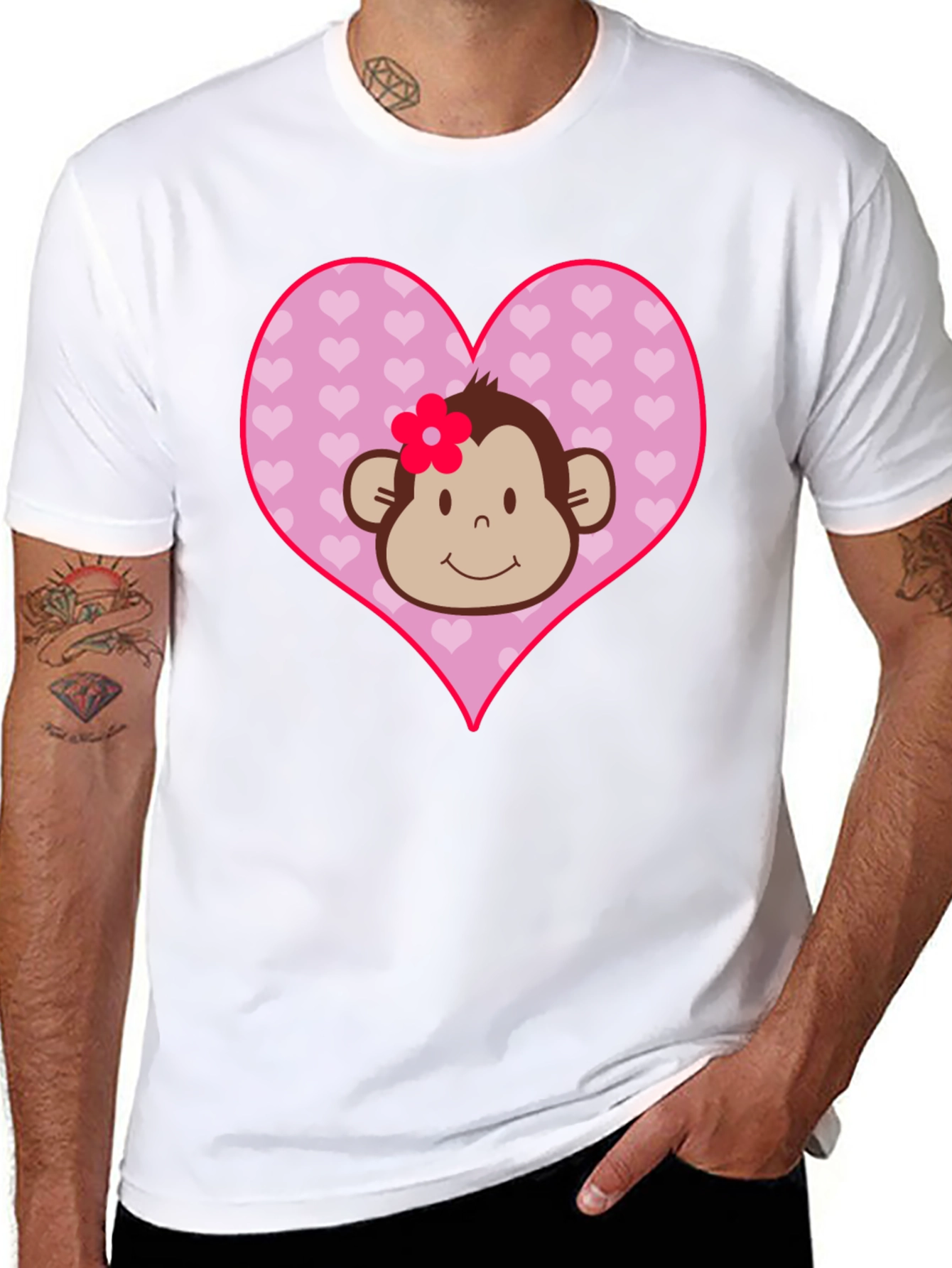Cute Monkey Heart Graphic Tee - Black Cotton Shirt