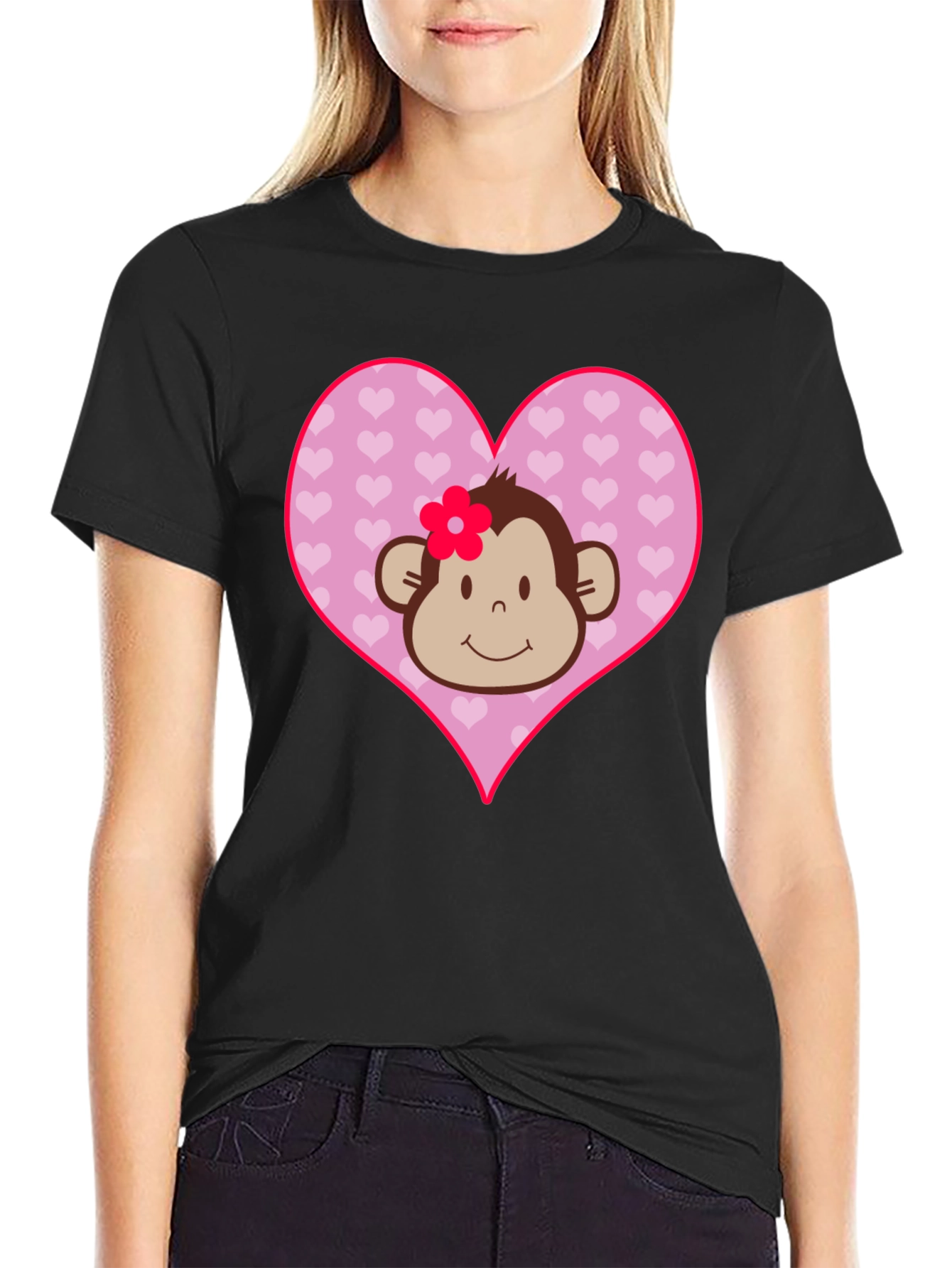 Cute Monkey Heart Graphic Tee - Black Cotton Shirt