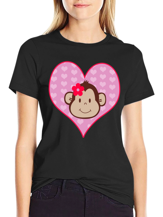 Cute Monkey Heart Graphic Tee - Black Cotton Shirt
