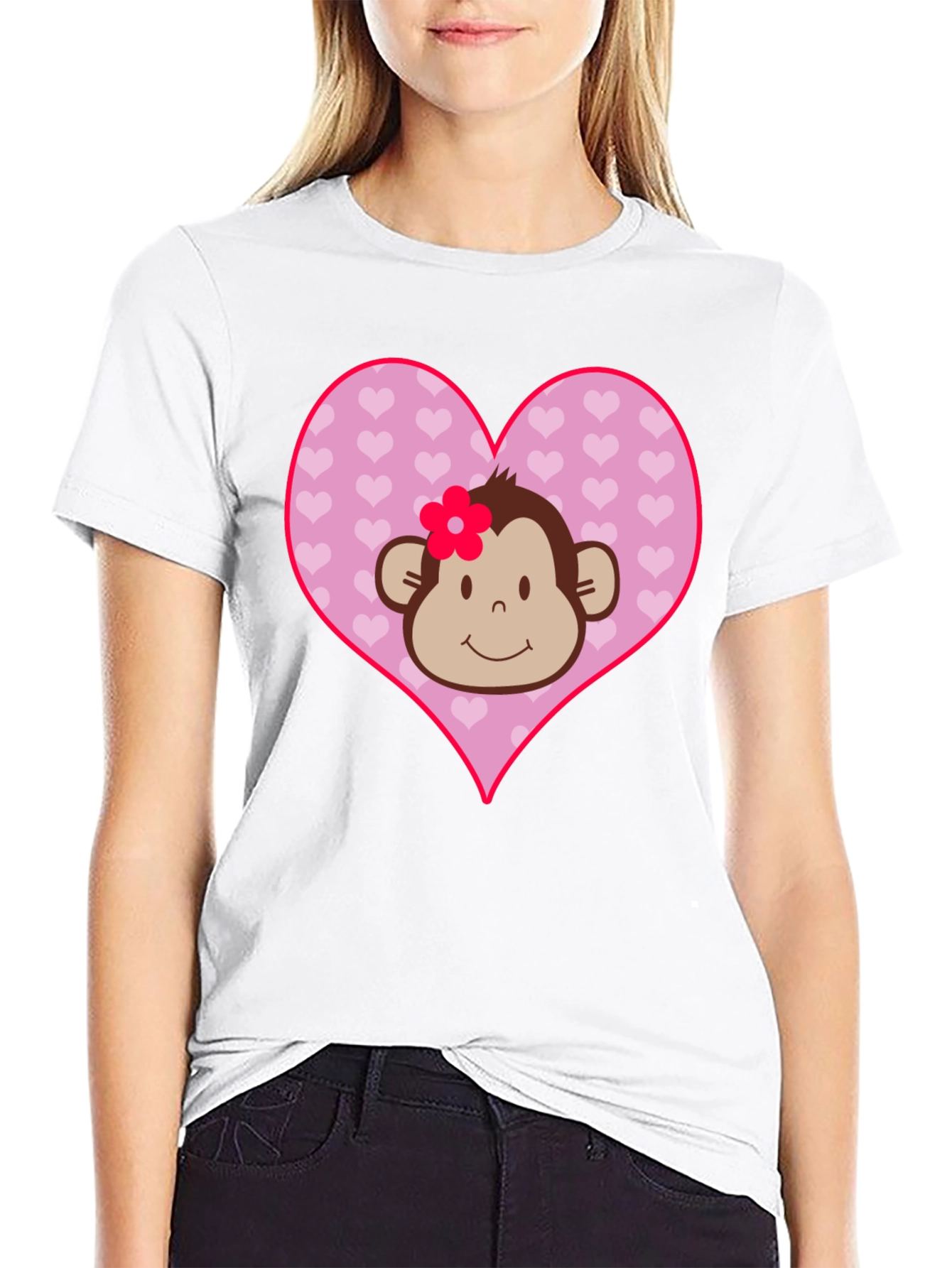 Cute Monkey Heart Graphic Tee - Black Cotton Shirt