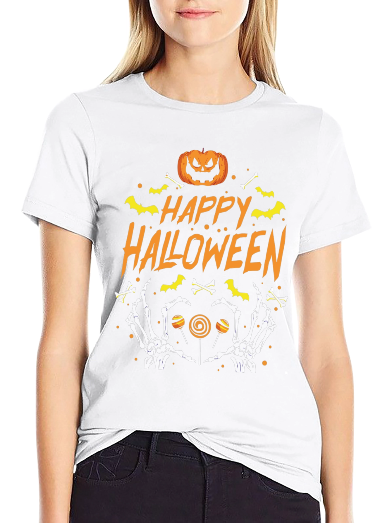 Happy Halloween T-Shirt with Pumpkin Bones and Candy