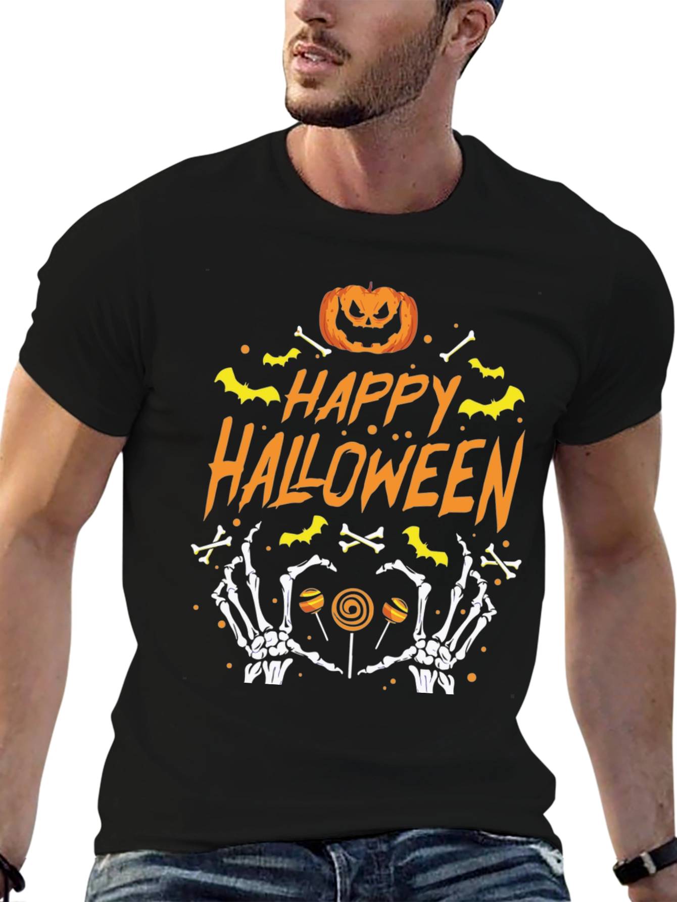 Happy Halloween T-Shirt with Pumpkin Bones and Candy