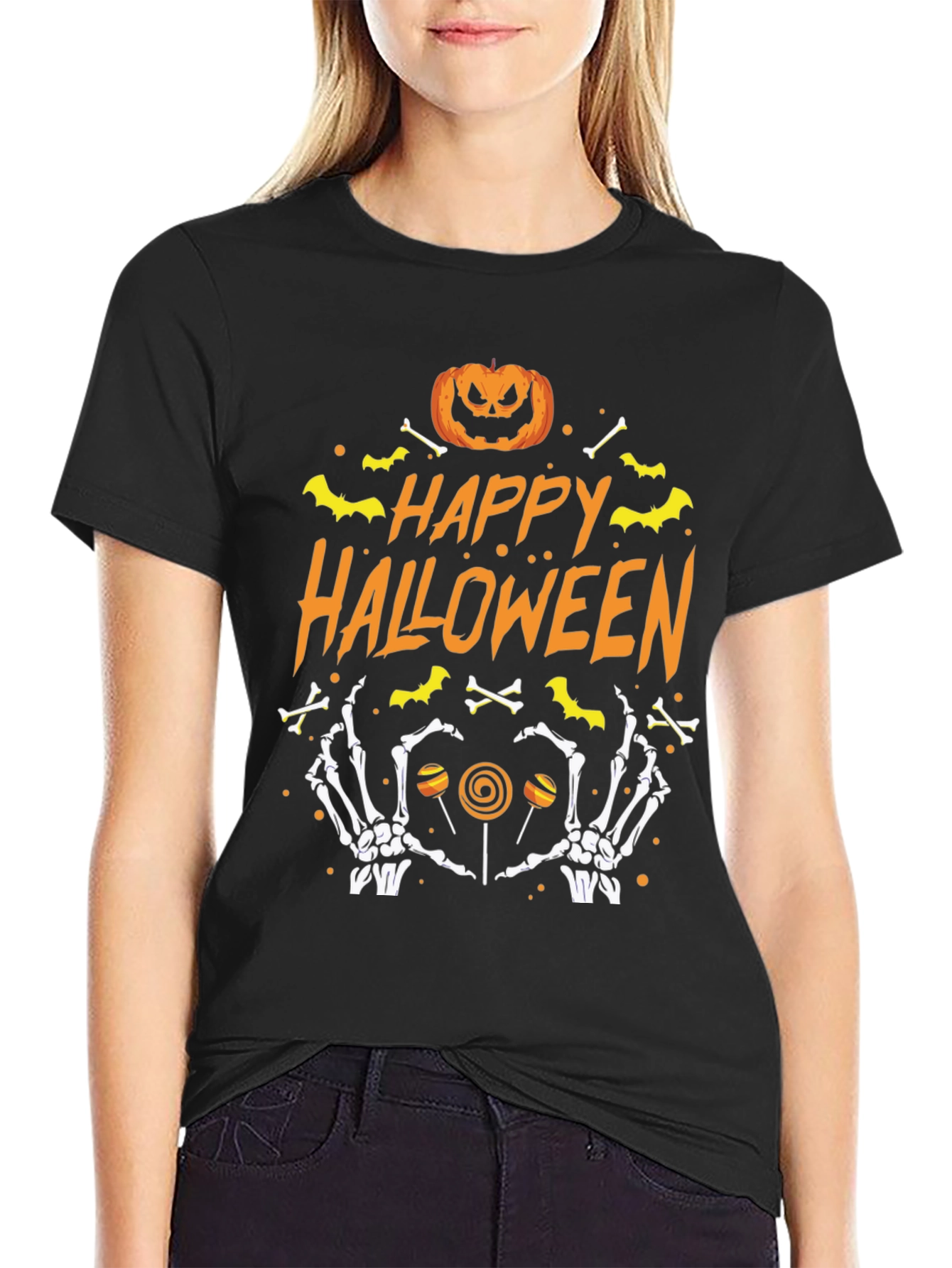 Happy Halloween T-Shirt with Pumpkin Bones and Candy