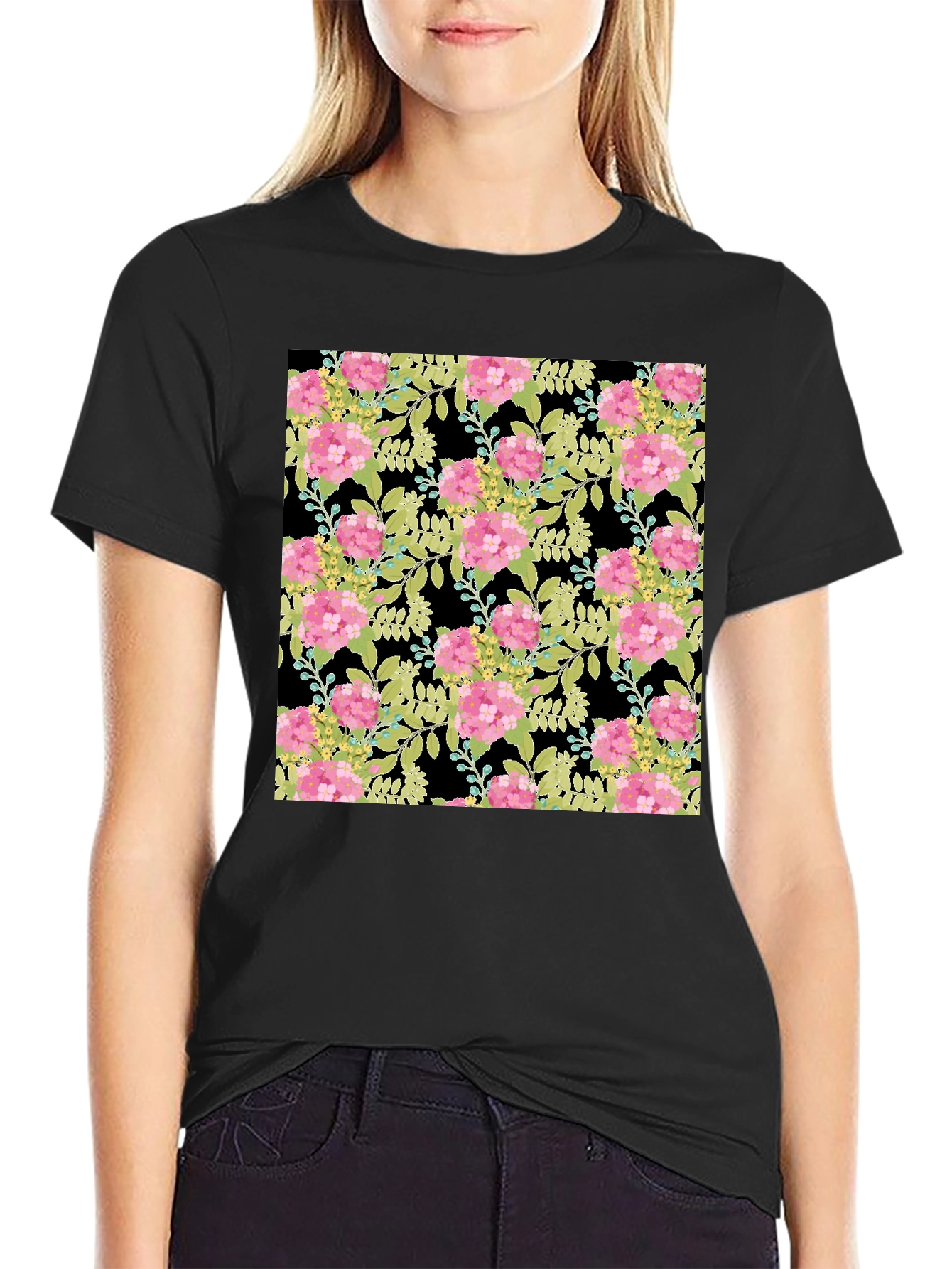 Floral Blossom Print Black T-Shirt
