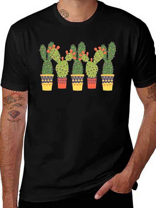 Cactus Christmas Lights Black T-Shirt