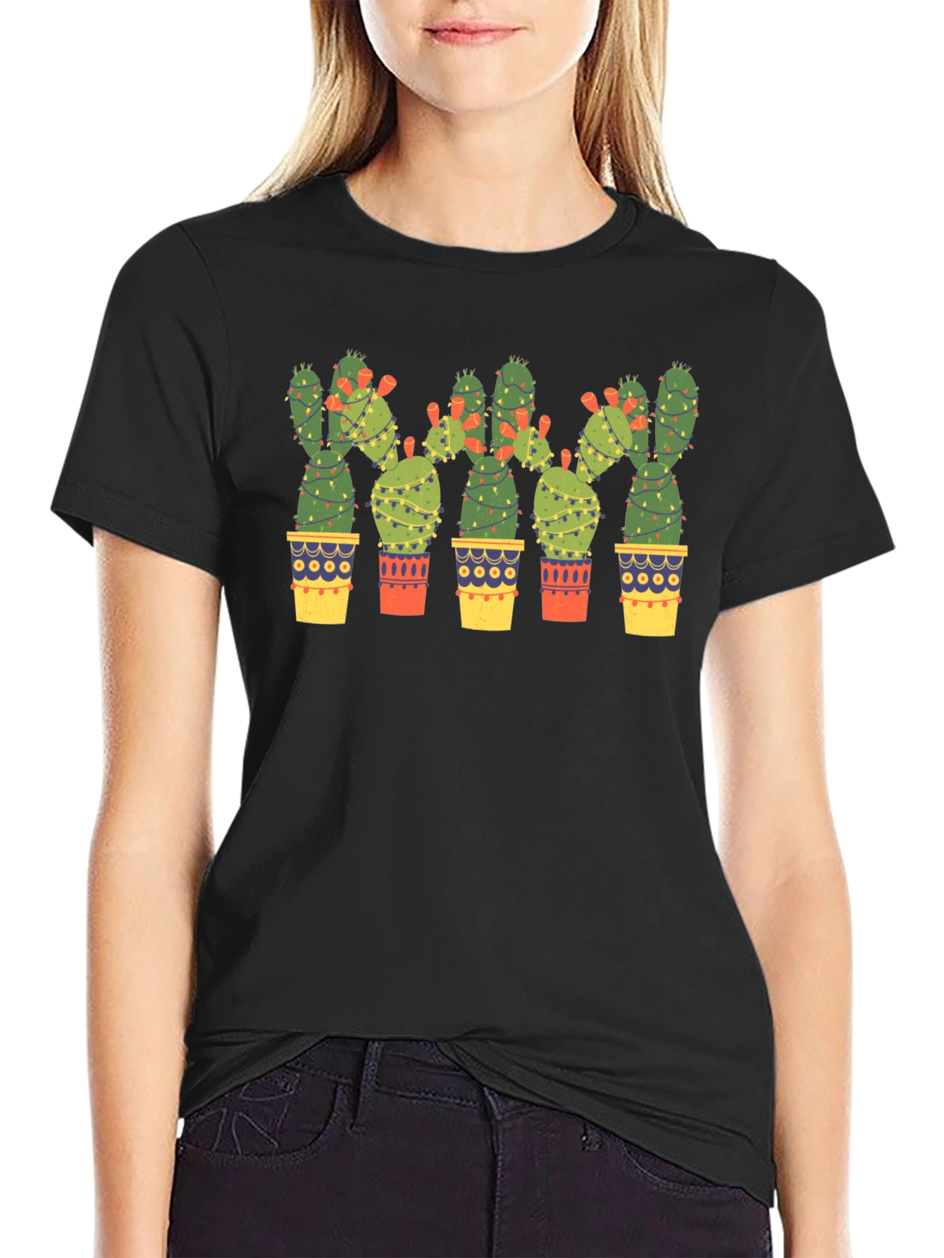 Cactus Christmas Lights Black T-Shirt