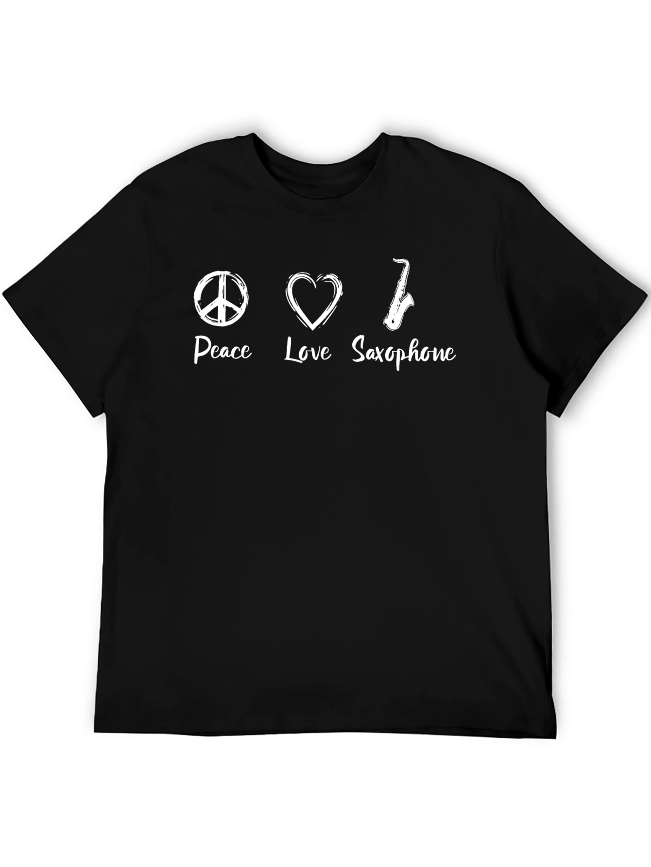 Peace Love Saxophone Black T-Shirt - Music Lover Tee