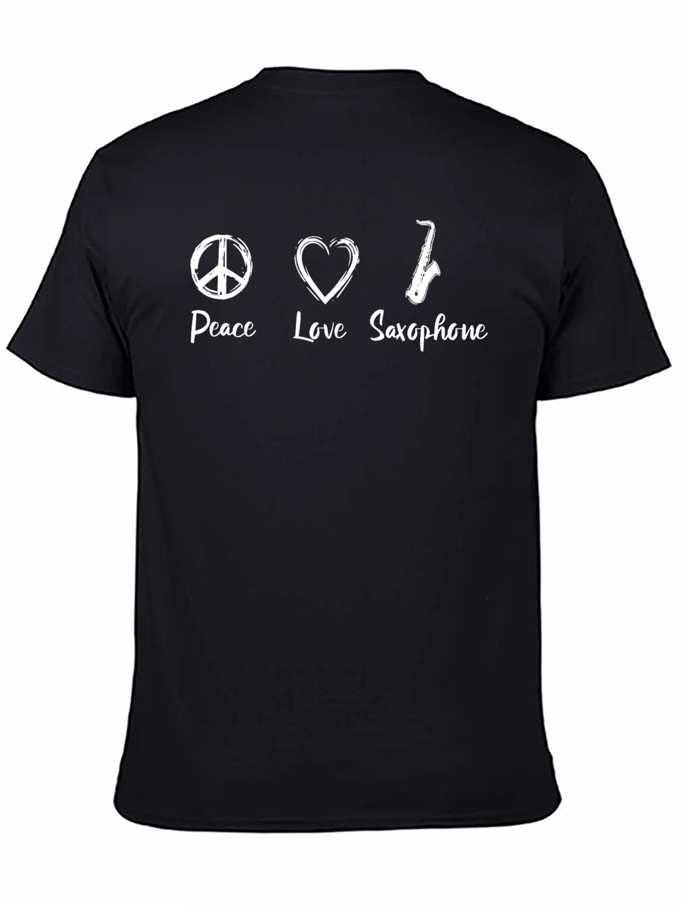Peace Love Saxophone Black T-Shirt - Music Lover Tee