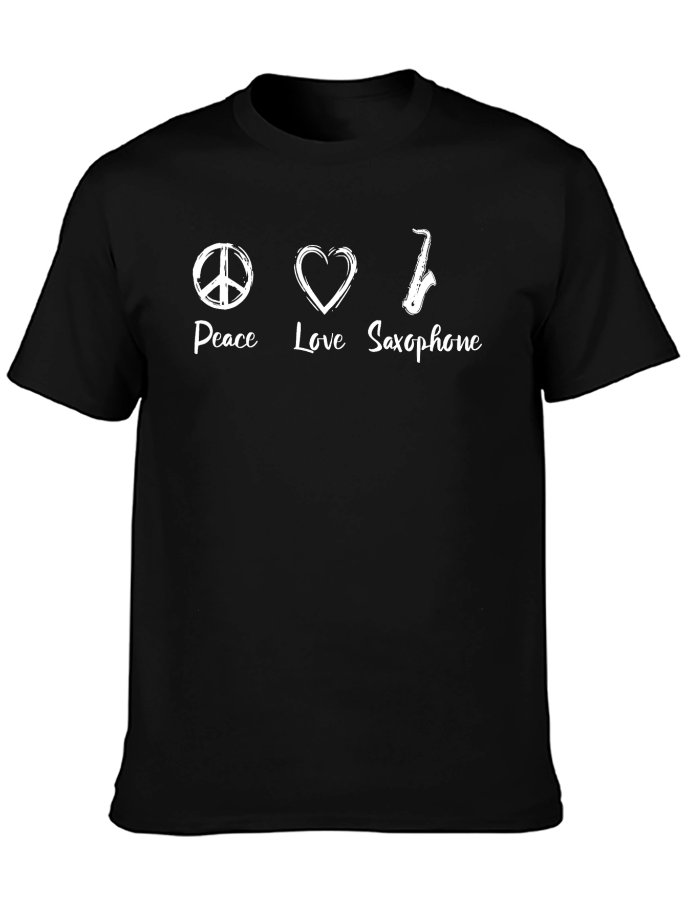 Peace Love Saxophone Black T-Shirt - Music Lover Tee