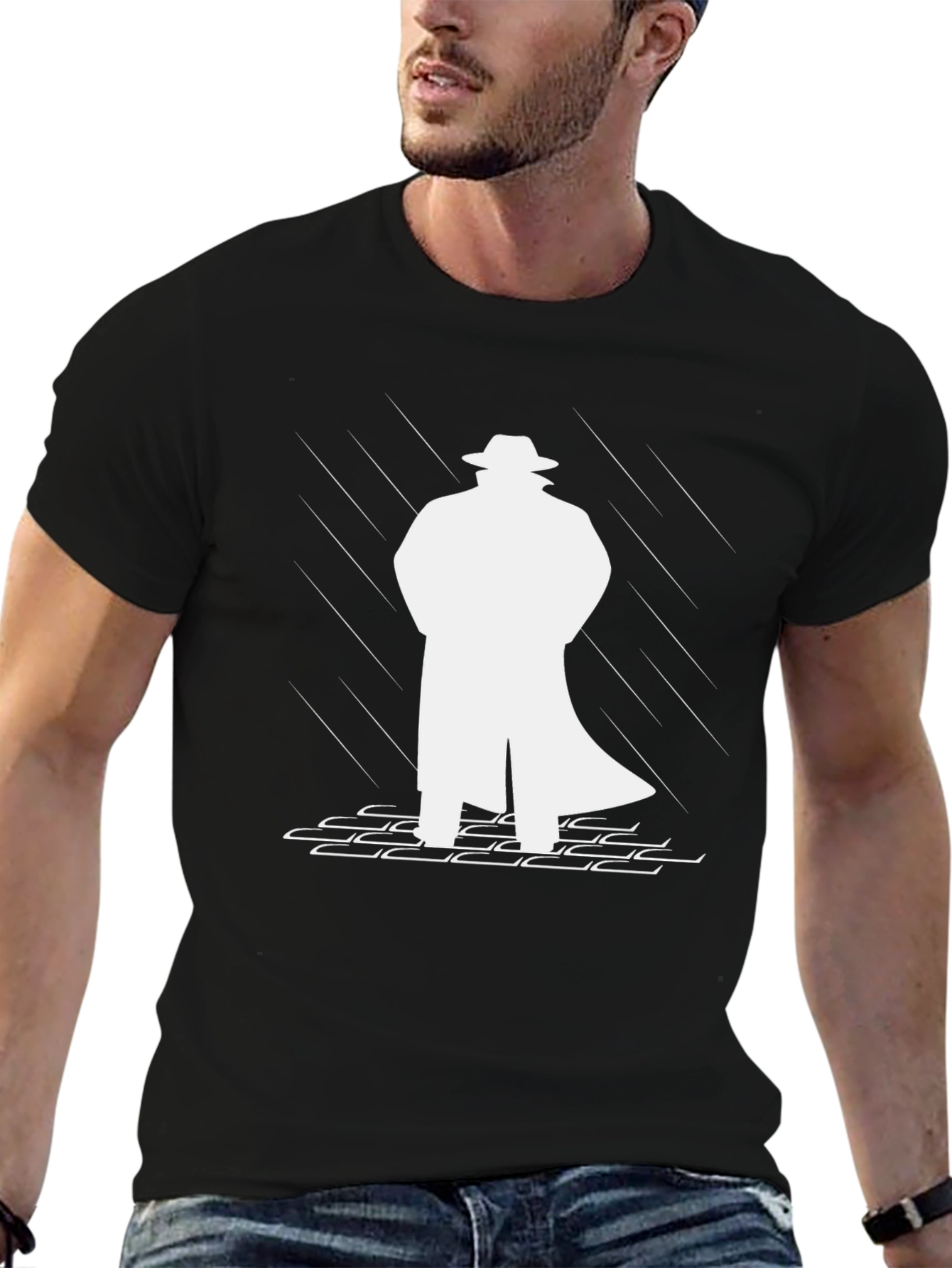 Mysterious Man in Trench Coat Black T-Shirt