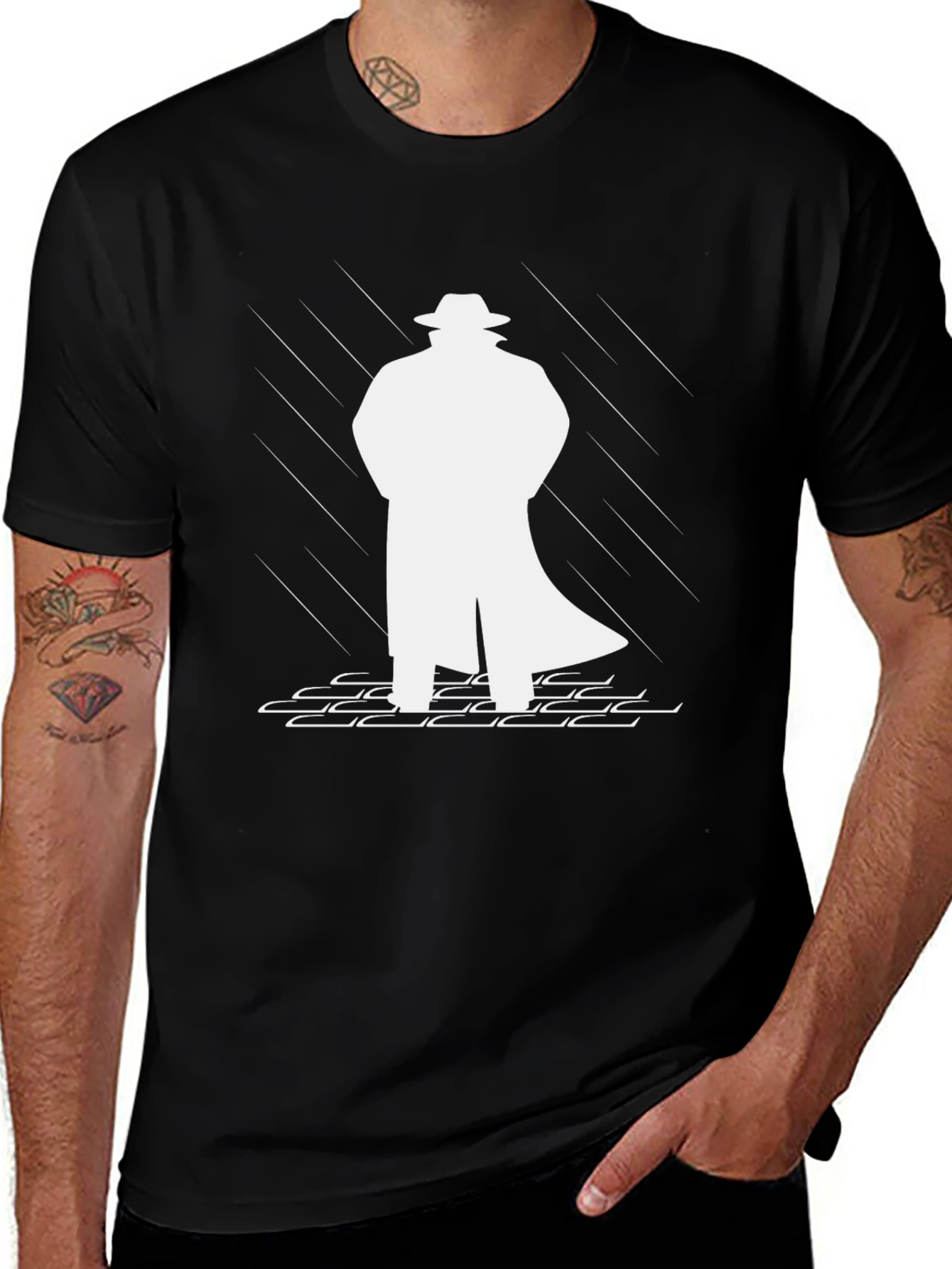 Mysterious Man in Trench Coat Black T-Shirt