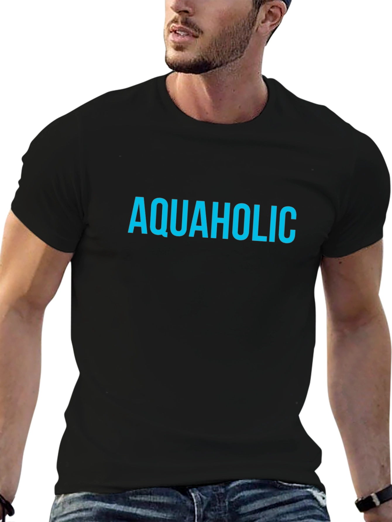 Aquaholic T-Shirt - Blue Text on Black Tee