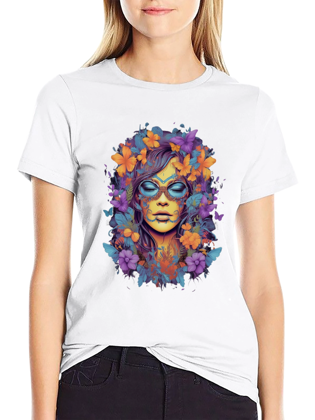 Floral Goddess Graphic Tee - Black Cotton T-Shirt
