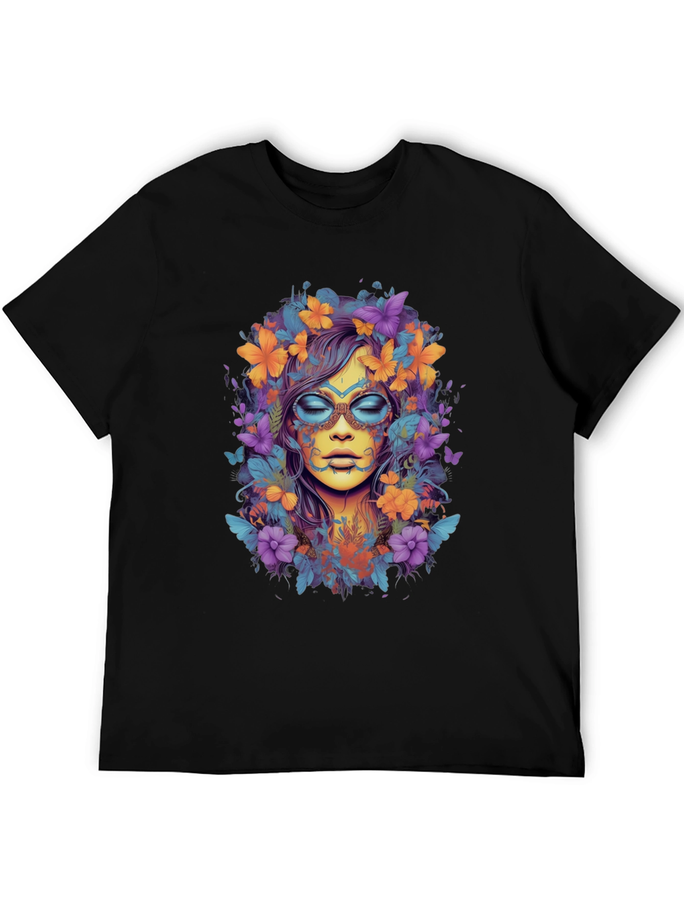 Floral Goddess Graphic Tee - Black Cotton T-Shirt