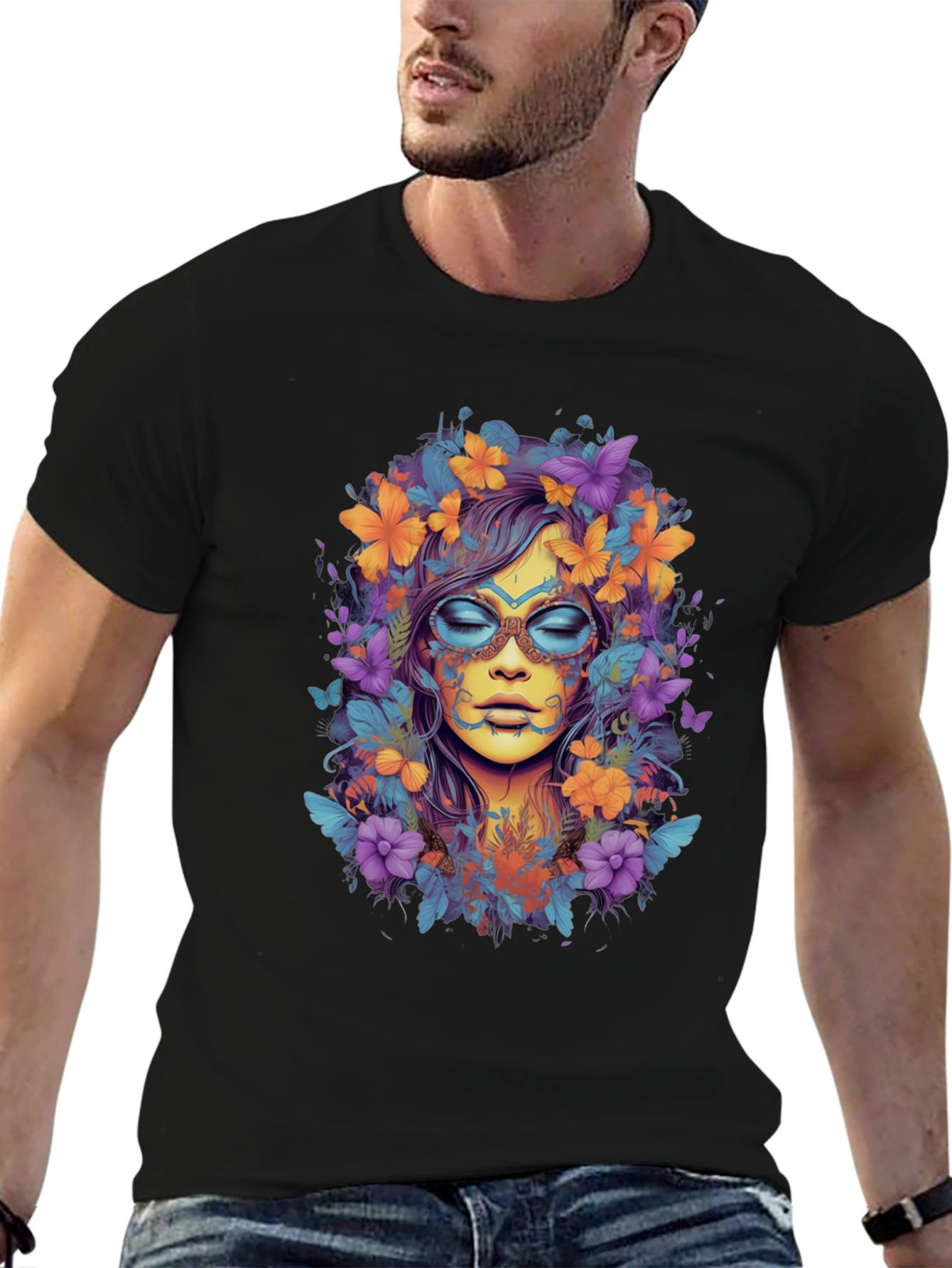 Floral Goddess Graphic Tee - Black Cotton T-Shirt