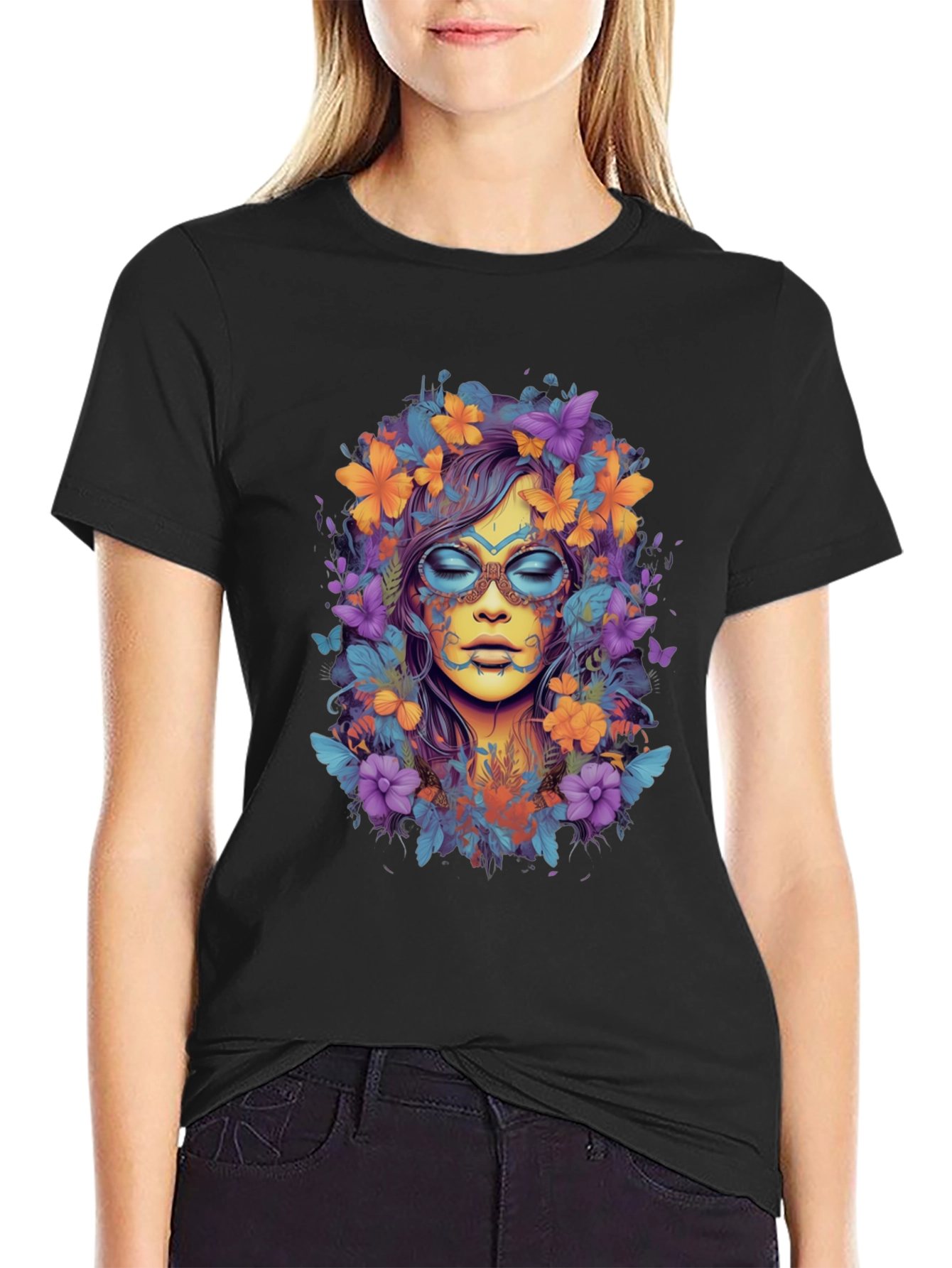 Floral Goddess Graphic Tee - Black Cotton T-Shirt