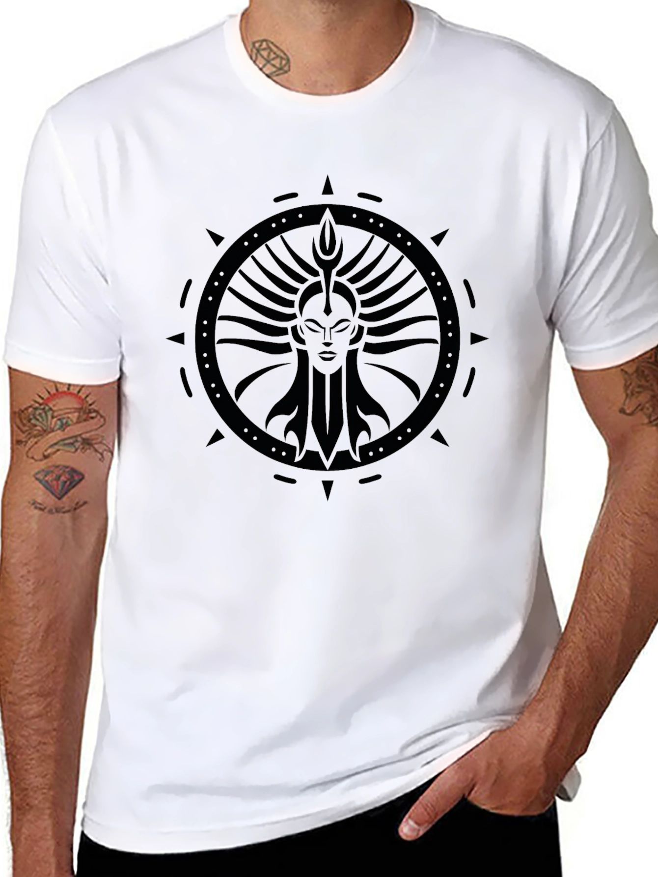 Unique Graphic Tee: Tribal Sun Goddess Design
