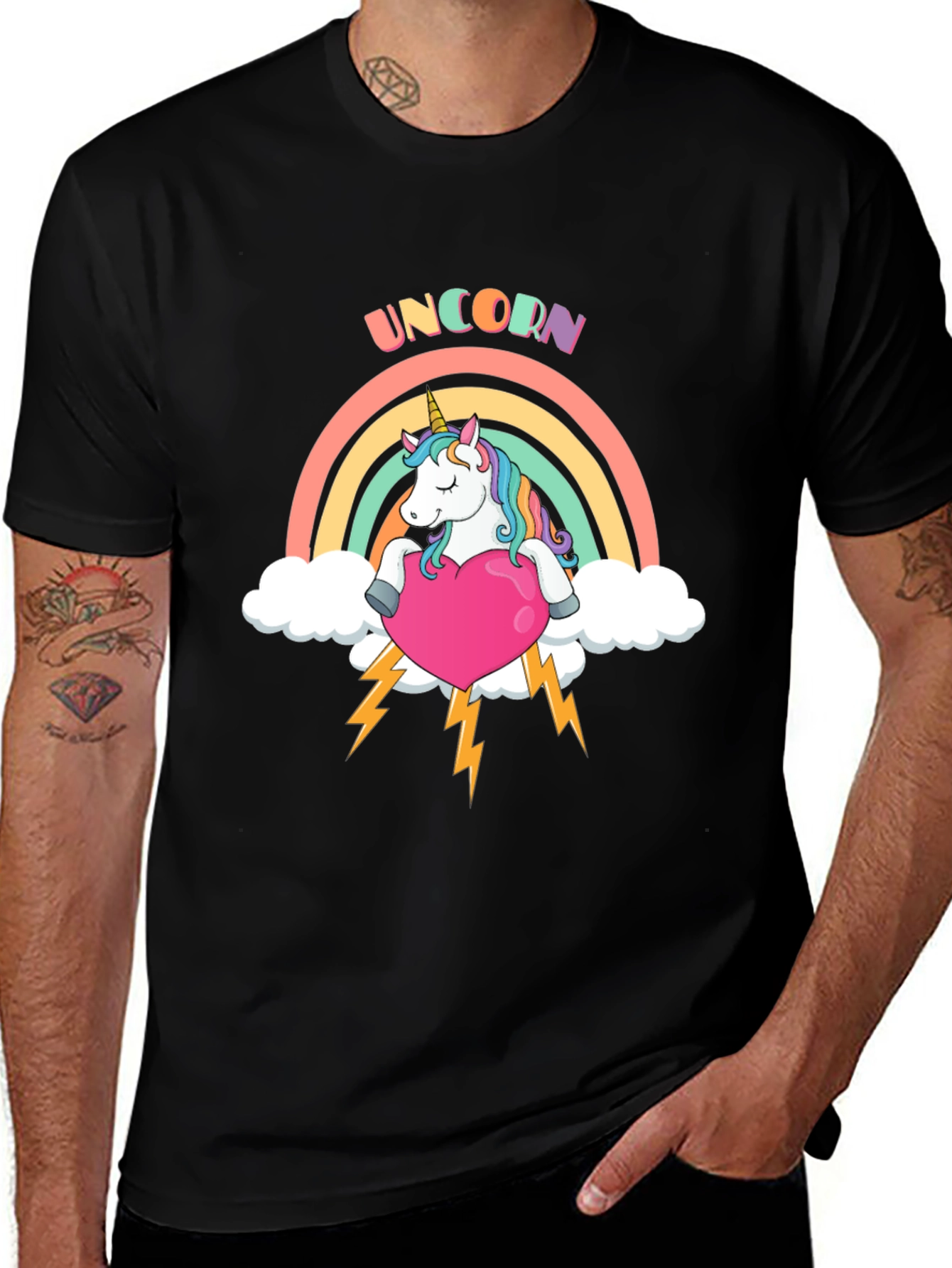 Unicorn Rainbow Heart Black T-Shirt